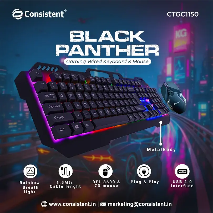 Consistent Black Panther Gaming Combo (CTGK1150) — Wired Keyboard + Mouse Combo, RGB