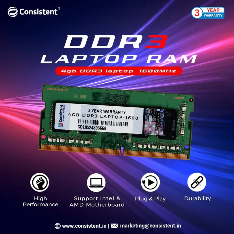 Consistent DDR3 4 GB (1 × 4 GB) 1600 MT/s CL11 Green Laptop Memory Module (SO-DIMM)
