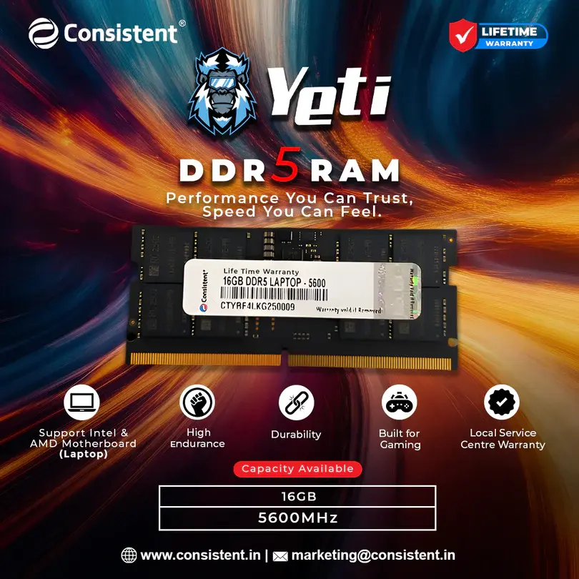 Consistent Yeti DDR5 16 GB (1 × 16 GB) 5600 MT/s CL46 Green Laptop Memory Module (SO-DIMM)