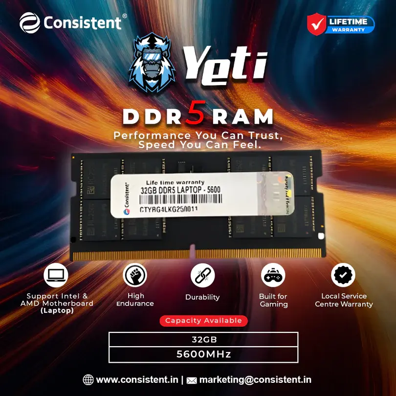 Consistent Yeti DDR5 32 GB (1 × 32 GB) 5600 MT/s CL46 Green Laptop Memory Module (SO-DIMM)