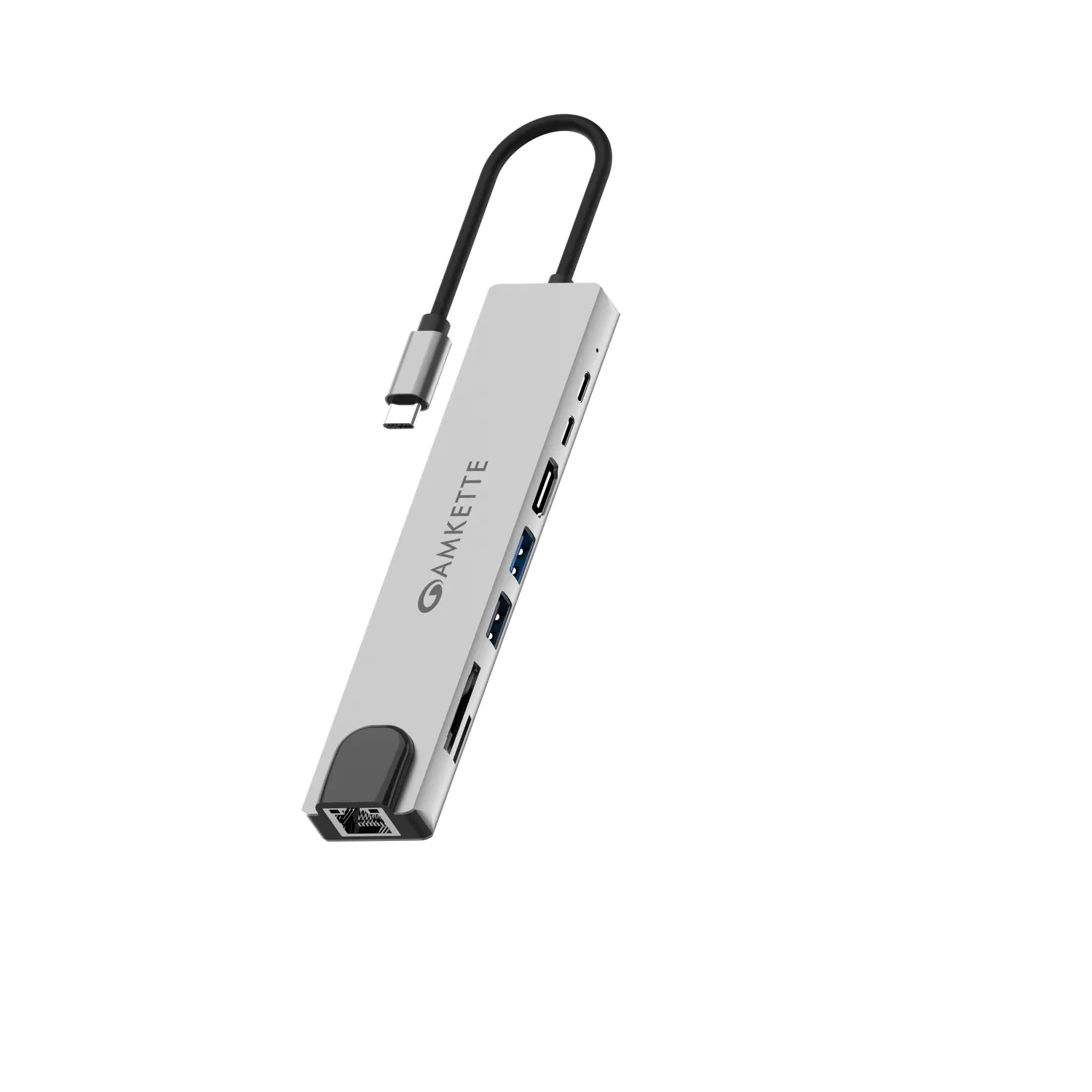 Amkette Type C 8-in-1 Multiport Dock with Ethernet (100M) — 8-in-1 USB-C docking station, USB-C (built-in 17cm cable)