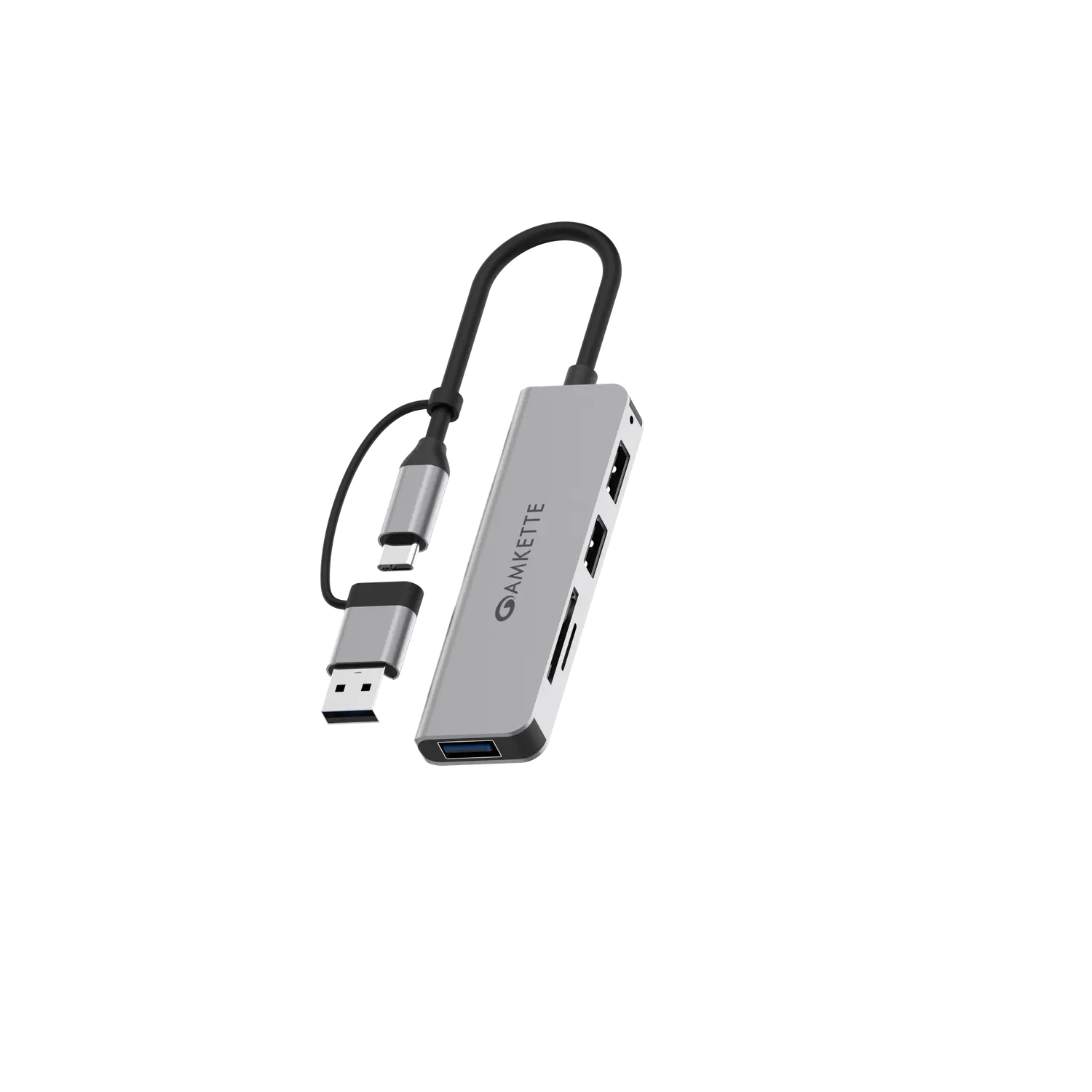 Amkette 5-in-1 Hybrid USB 3.0 Hub with Card Reader (Type C+A) — 5-in-1 hybrid USB hub + card reader, Hybrid Type-C + Type-A connector