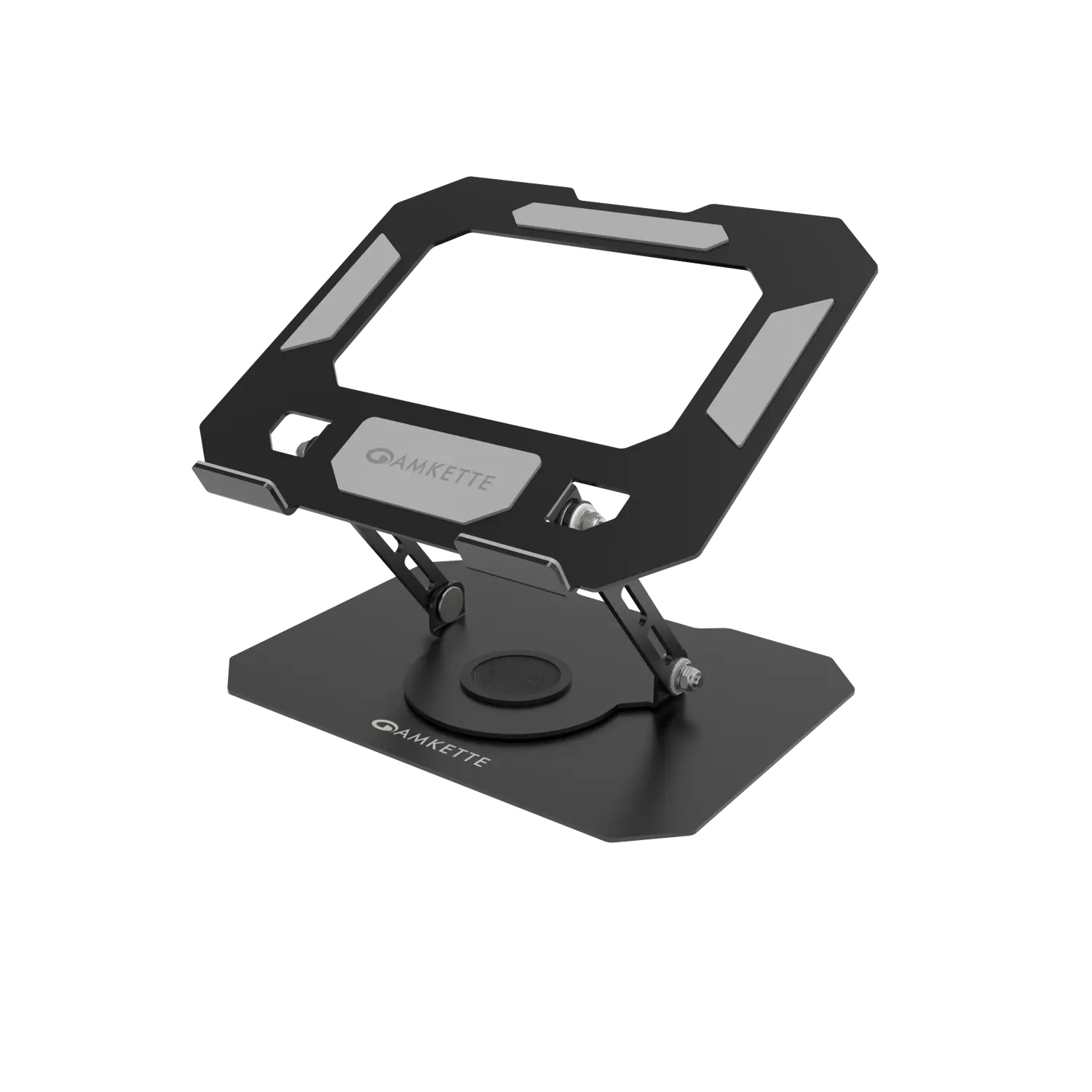 Amkette Ergo Hi-Rise 360 Rotatable Metal Laptop Stand — Carbon steel (metal), Height to 27 cm; tilt 0-180 deg; 360 deg swivel base