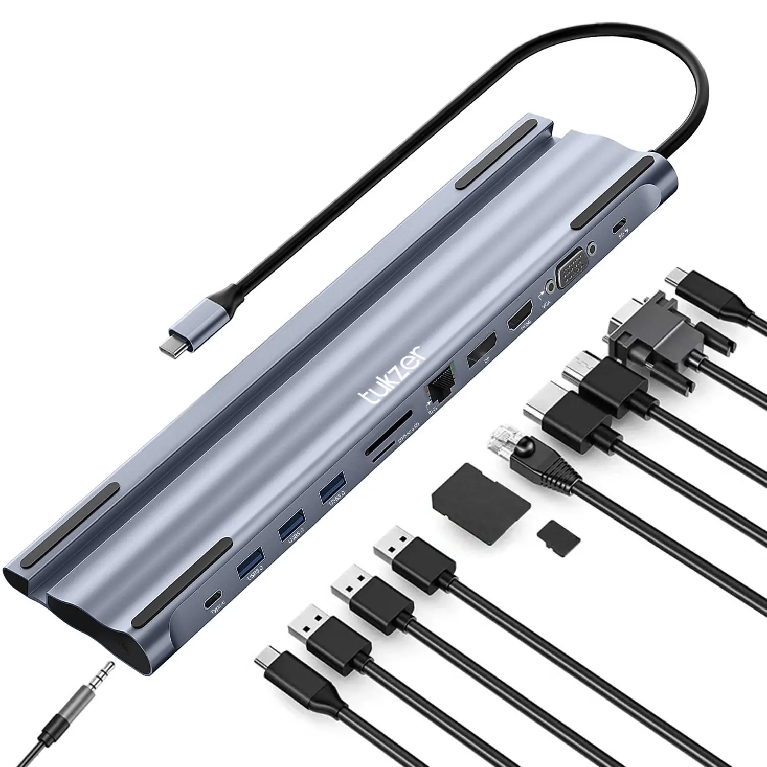 Tukzer USB-C 12-in-1 Docking Station MST (TZ-Q19) - HDMI/VGA/DisplayPort + Ethernet + SD/TF — TZ-Q19, USB-C
