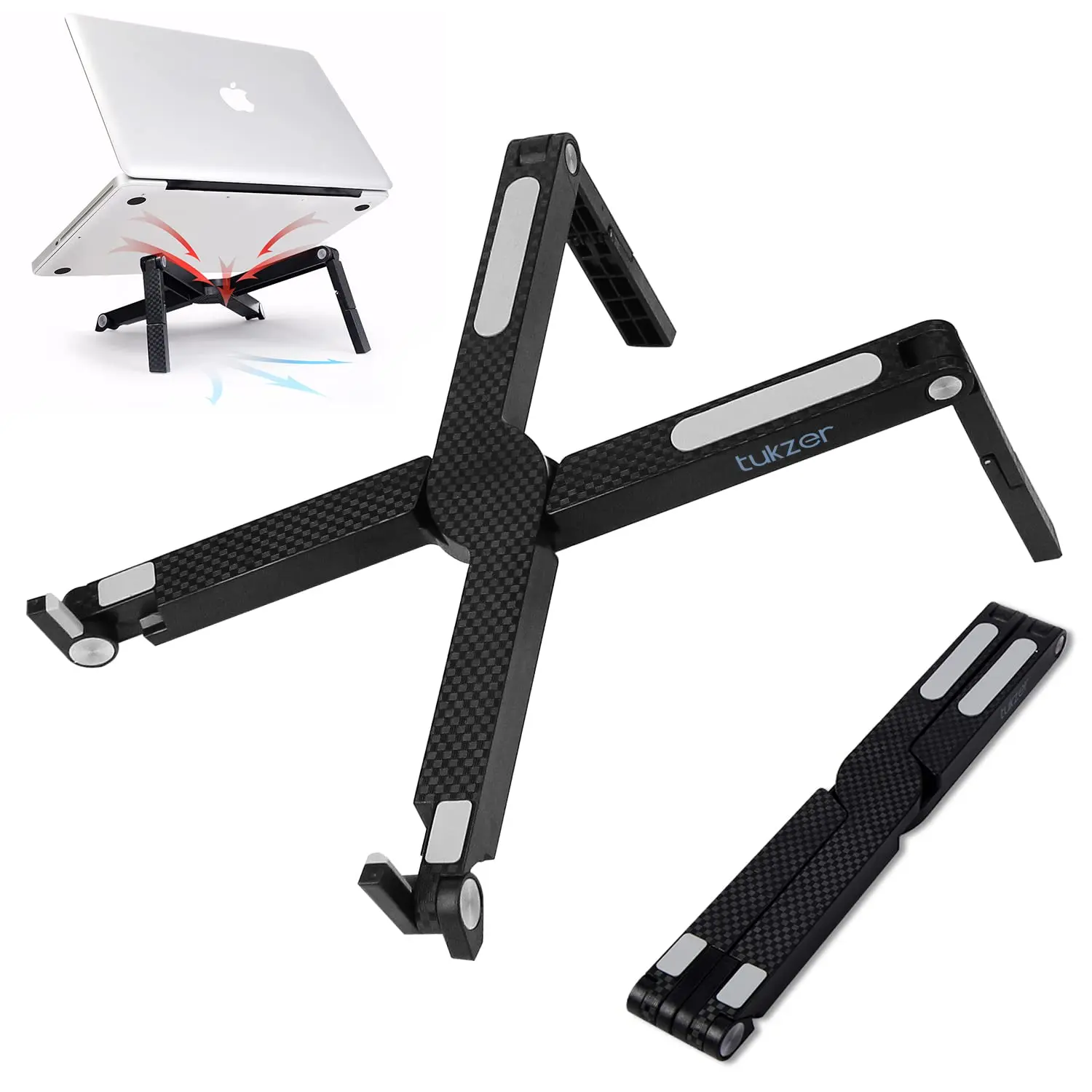 Tukzer Foldable Laptop Stand Riser (2-Level, ABS) — Durable ABS plastic with silicone pads, 2-level height/angle, foldable
