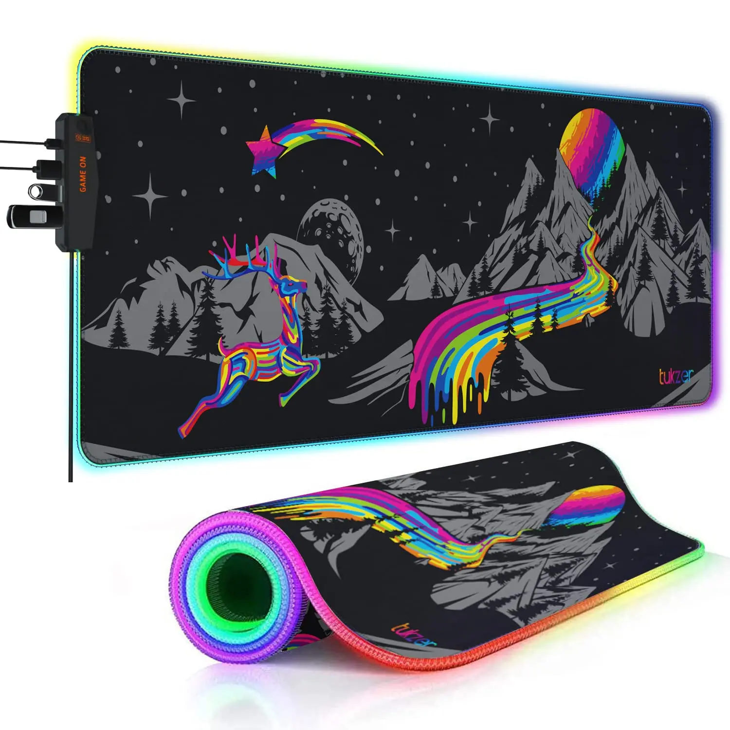 Tukzer RGB Gaming Mouse Pad / Deskmat (with 4-port USB Hub) — 795 x 298 x 3.45 mm (extended), Soft cloth top, non-slip rubber base