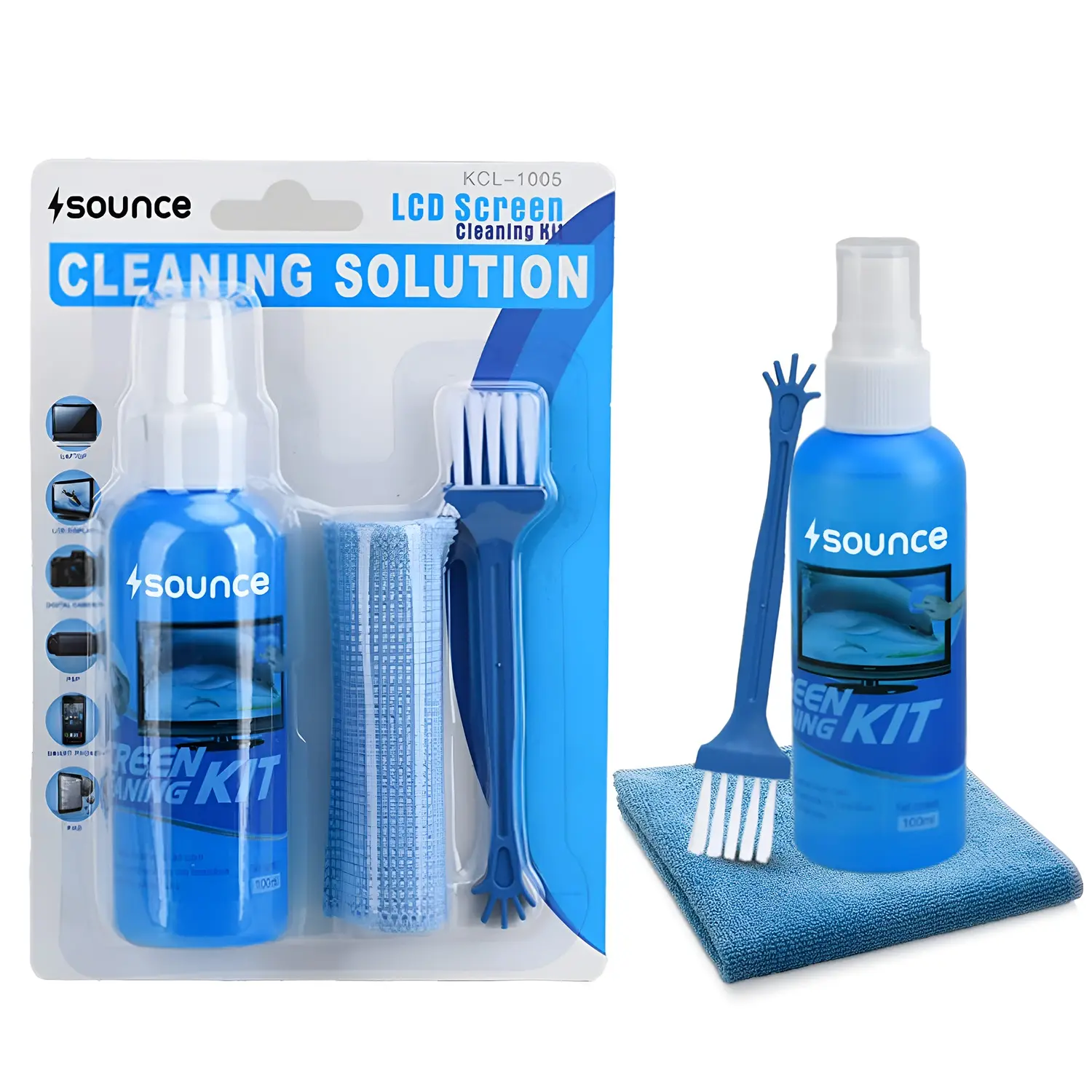Sounce 3-in-1 Screen Cleaning Kit (100ml) — 3-in-1: spray + microfiber + brush, 100ml screen cleaning solution