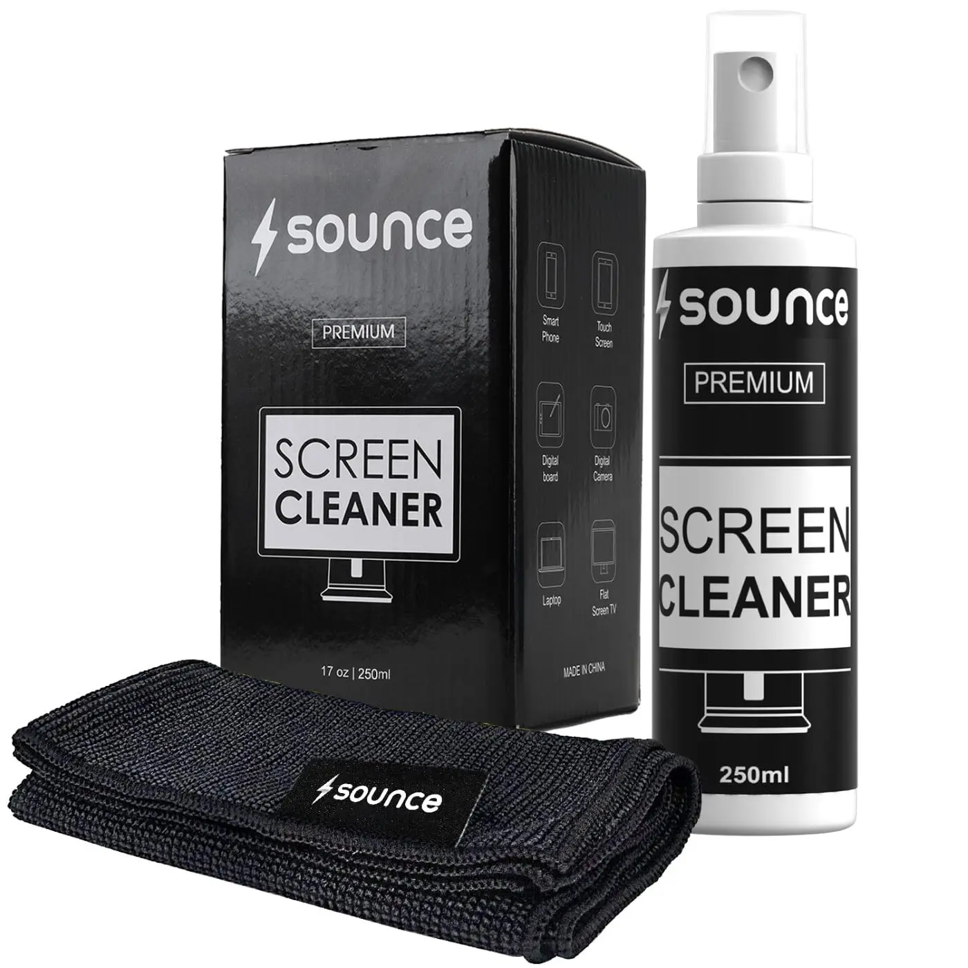 Sounce 2-in-1 Professional Screen Cleaning Kit (250ml Anti-Static) — 2-in-1: anti-static spray + microfiber cloth, 250ml anti-static cleaning solution