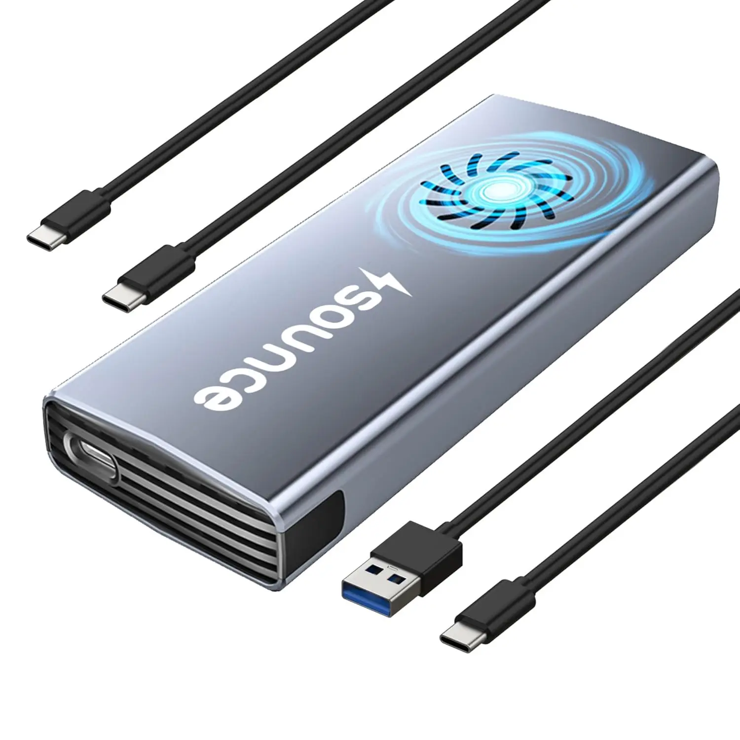 Sounce M.2 NVMe SSD Enclosure with Cooling Fan (USB 3.2 10Gbps) — M.2 NVMe & NGFF SATA (M / B+M Key), 2230 / 2242 / 2260 / 2280