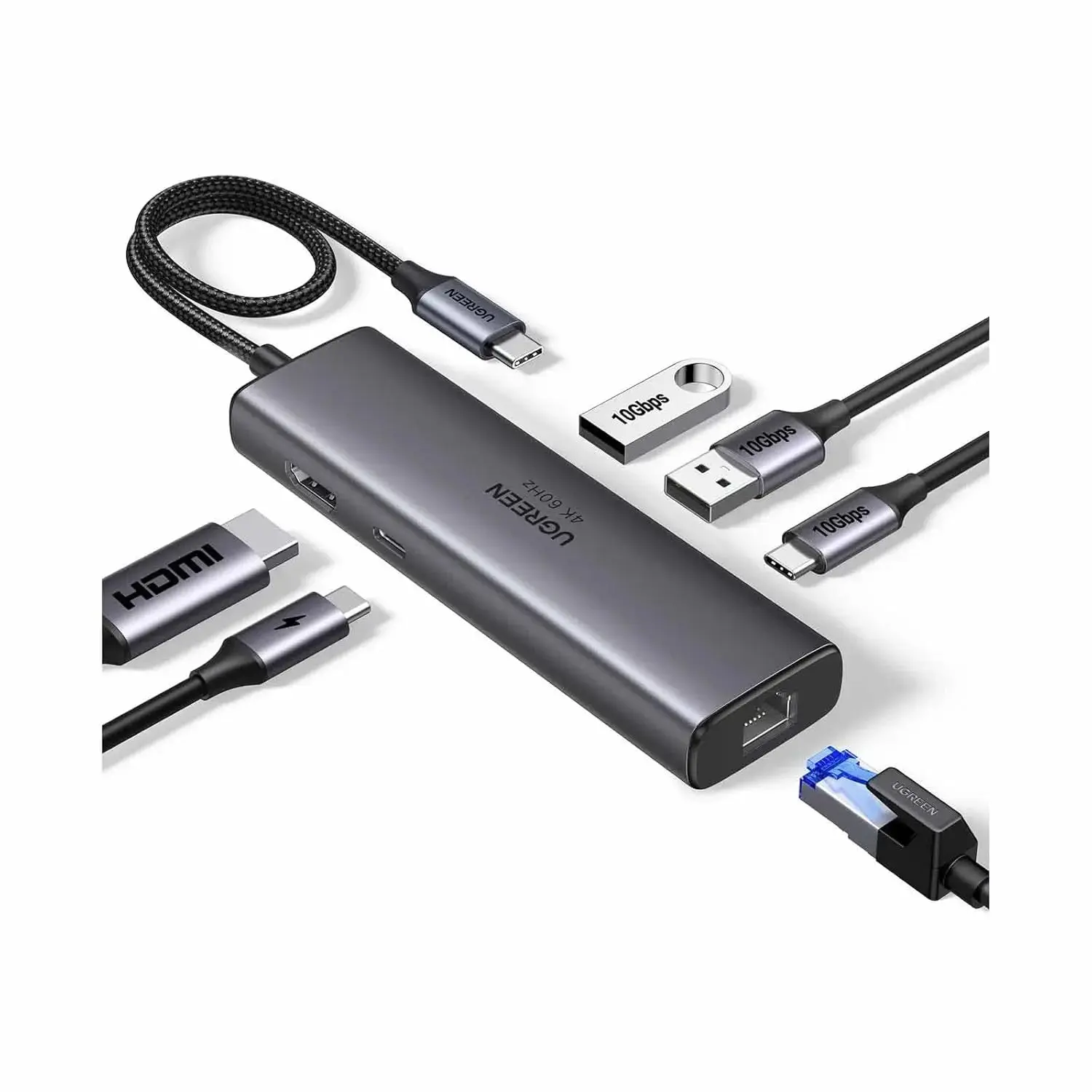 UGREEN 6-in-1 Multifunctional USB-C Hub (45000) — 1x HDMI + 2x USB-A 3.2 + 1x USB-C 3.2 + RJ45, Gigabit RJ45