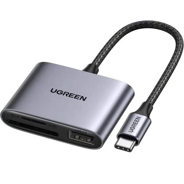 UGREEN 3-in-1 USB-C to SD/TF + USB 2.0 Card Reader (80798) — USB-C, SD + microSD + USB 2.0 port
