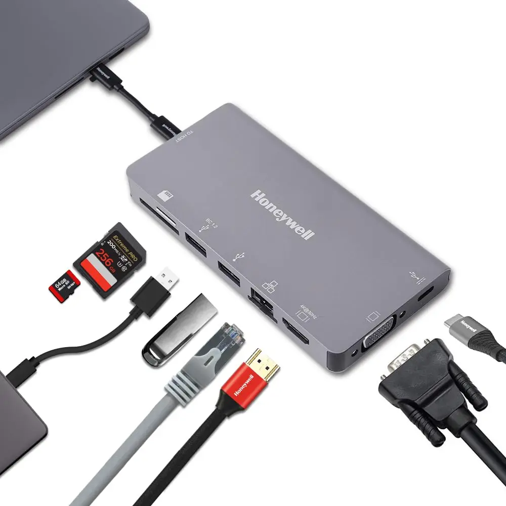 Honeywell 8-in-1 Type C Ultra Dock (4K HDMI/VGA/RJ45/SD) — USB-C 8-in-1 dock, 4K HDMI, VGA, RJ45 Gigabit, 2x USB 3.0, USB-C, SD + microSD