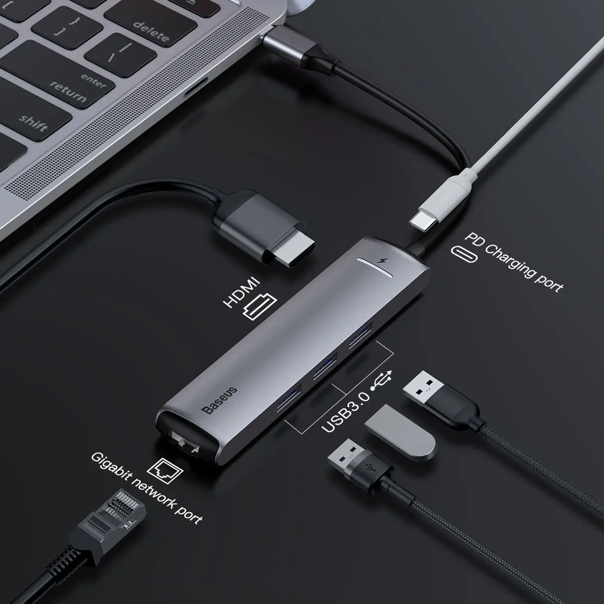 Baseus Mechanical Eye 6-in-1 USB-C Hub (CAHUB-J0G) — HDMI + 3x USB-A 3.0 + RJ45 + USB-C PD, HDMI 4K@30Hz