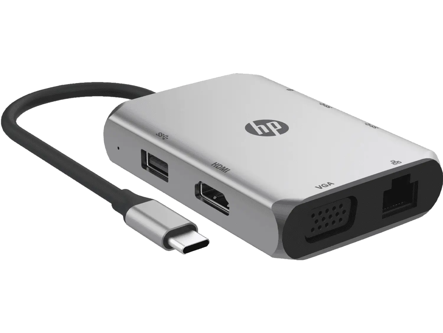 HP USB-C 7-in-1 Hub (9V554AA) — USB-C hub (7-in-1), 1x HDMI (4K @ 30Hz) + 1x VGA (1080p @ 60Hz)