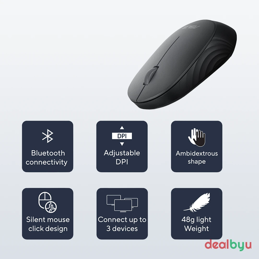 ASUS Bluetooth Silent Mouse MW105 — Multi-device Wireless Optical Mouse, 48 g lightweight