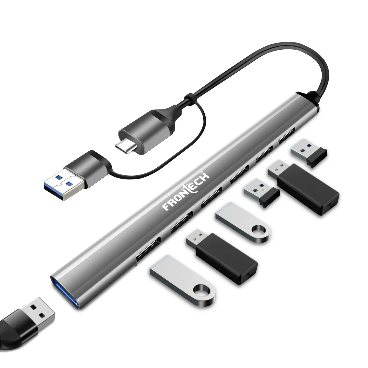 Frontech NC-0043 7-in-1 Type-C + Type-A USB Hub with Card Reader — 7-in-1 hub + card reader, Type-C / Type-A