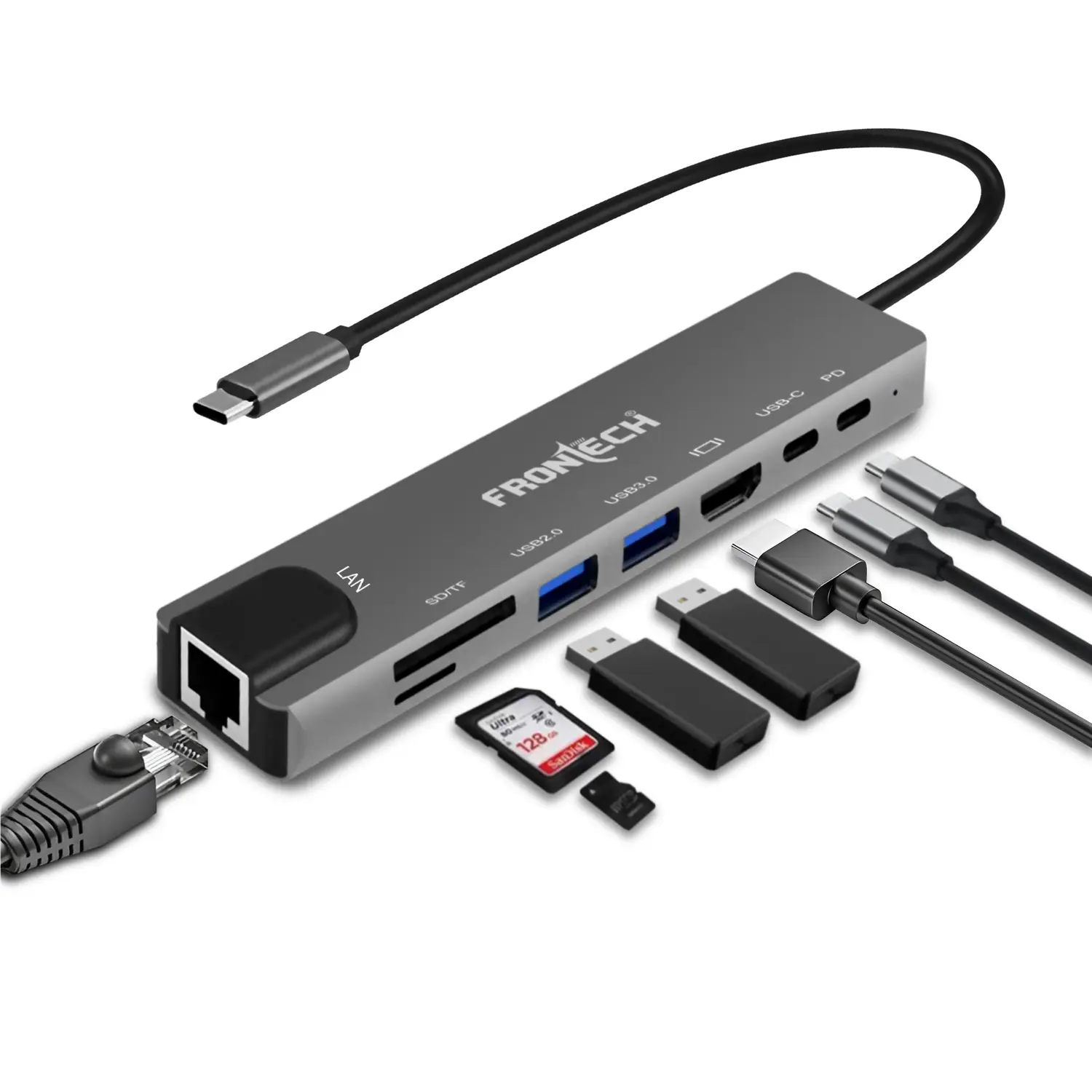Frontech NC-0059 8-in-1 USB-C Docking Station (4K HDMI / LAN / 100W PD) — 8-in-1 USB-C docking station, HDMI 4K