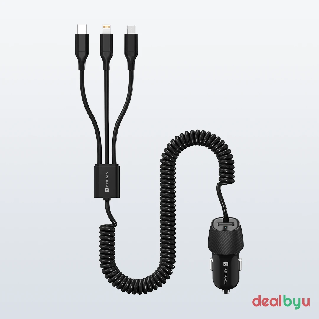 Portronics Car Power 3X (17W Car Charger with Built-in 3-in-1 Cable)