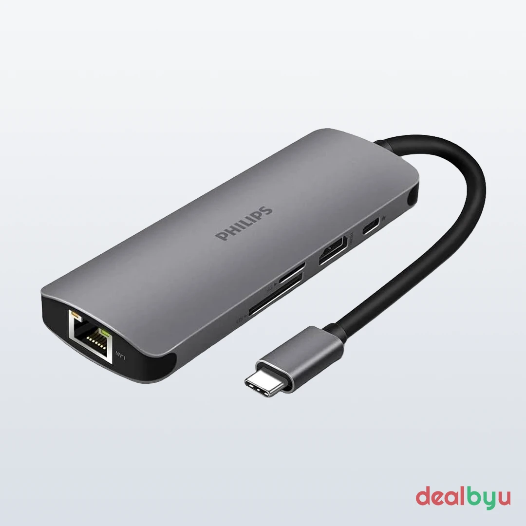 Philips DLK5518C/94 8-in-1 USB-C Multiport Hub (HDMI + Gigabit Ethernet + Card Reader + 60W PD) — USB-C 3.1, 4K @ 30Hz