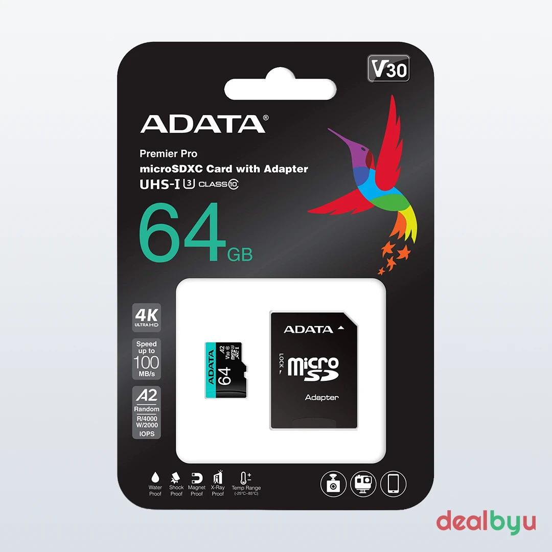 ADATA Premier Pro microSD 64 GB microSDXC Memory Card (C10 U3 V30 A2, 100 MB/s)