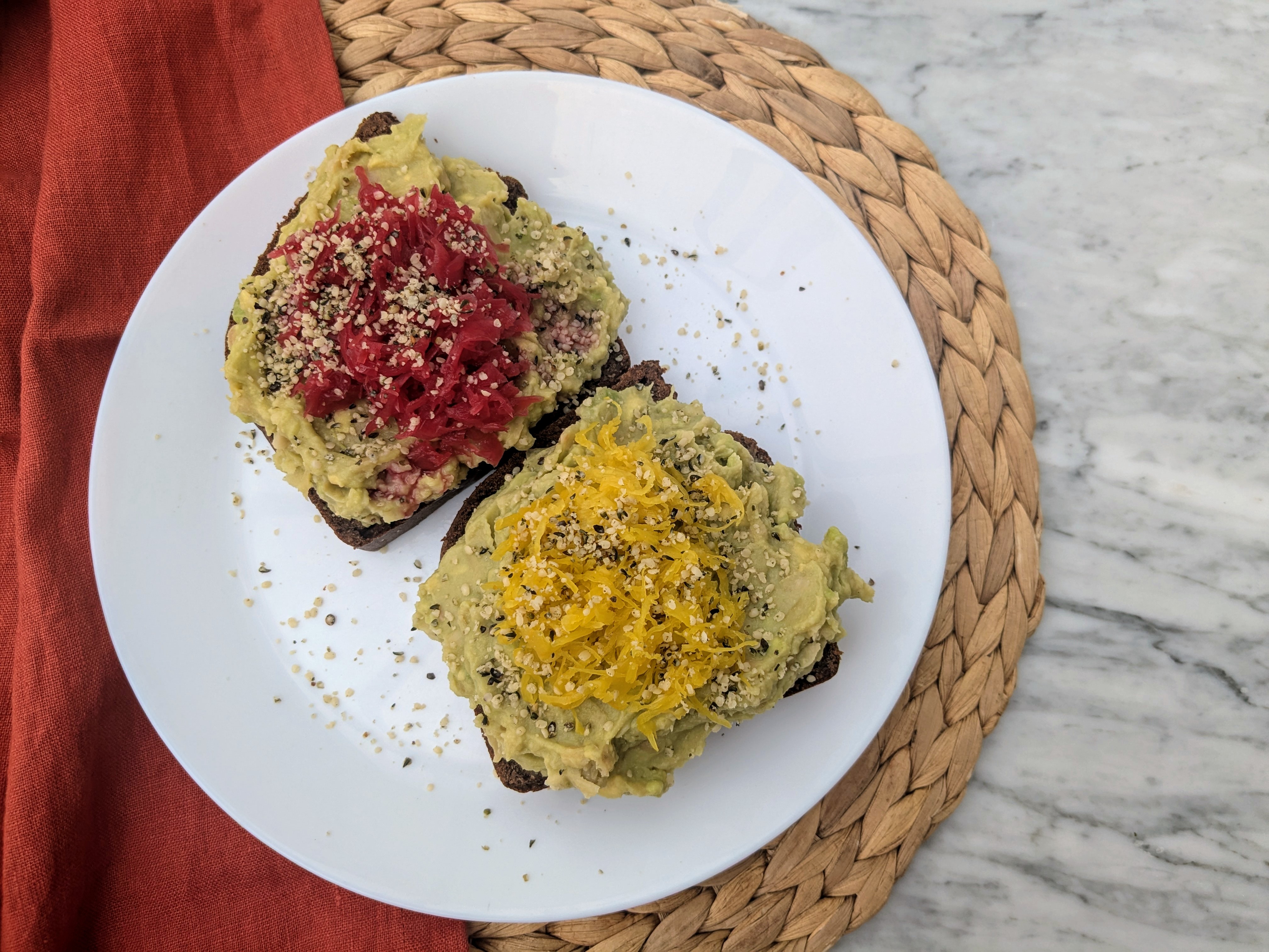 Avocado and bean toast with sauerkraut crunch