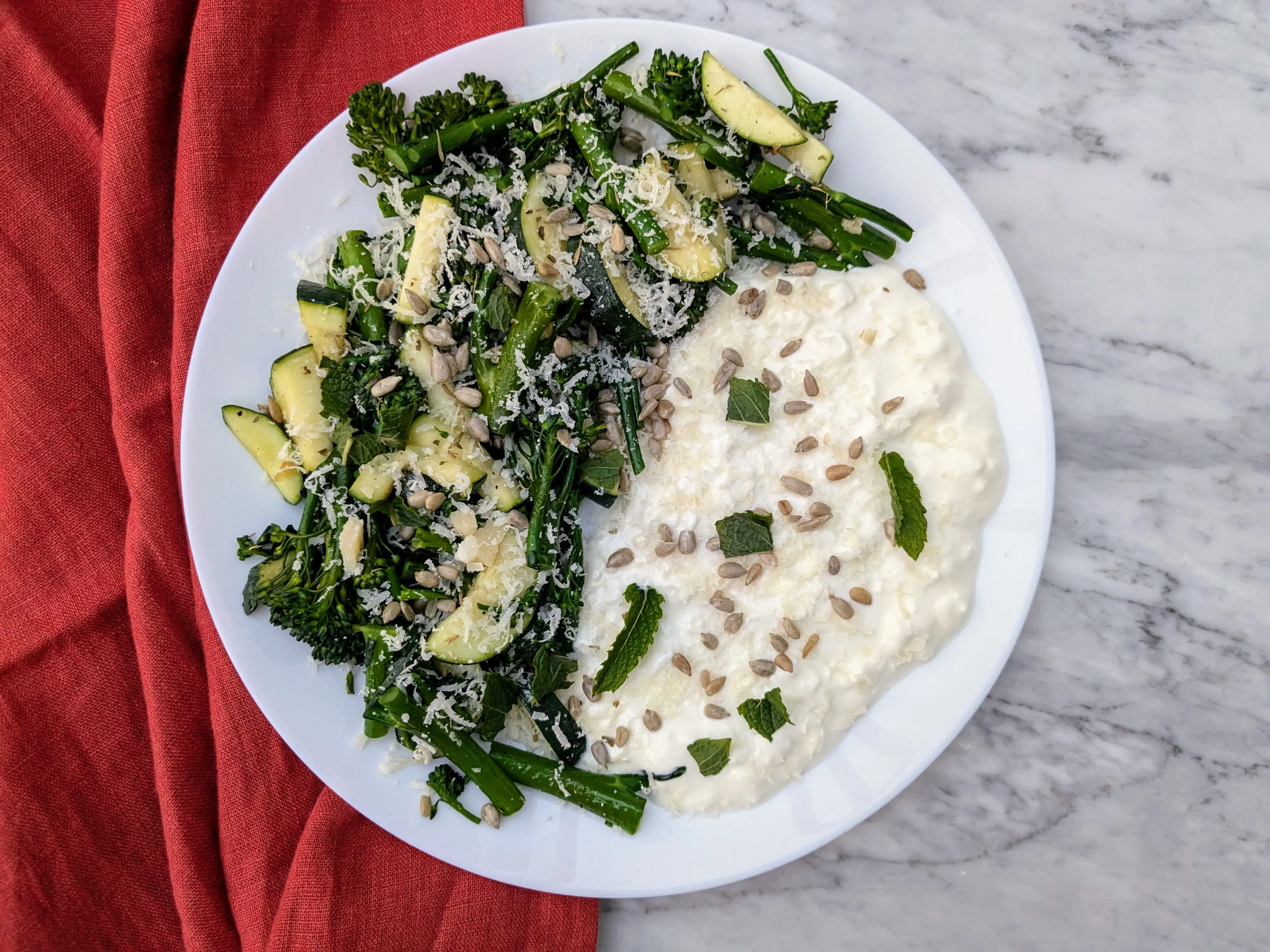 Courgette with tenderstem broccoli and cottage cheese
