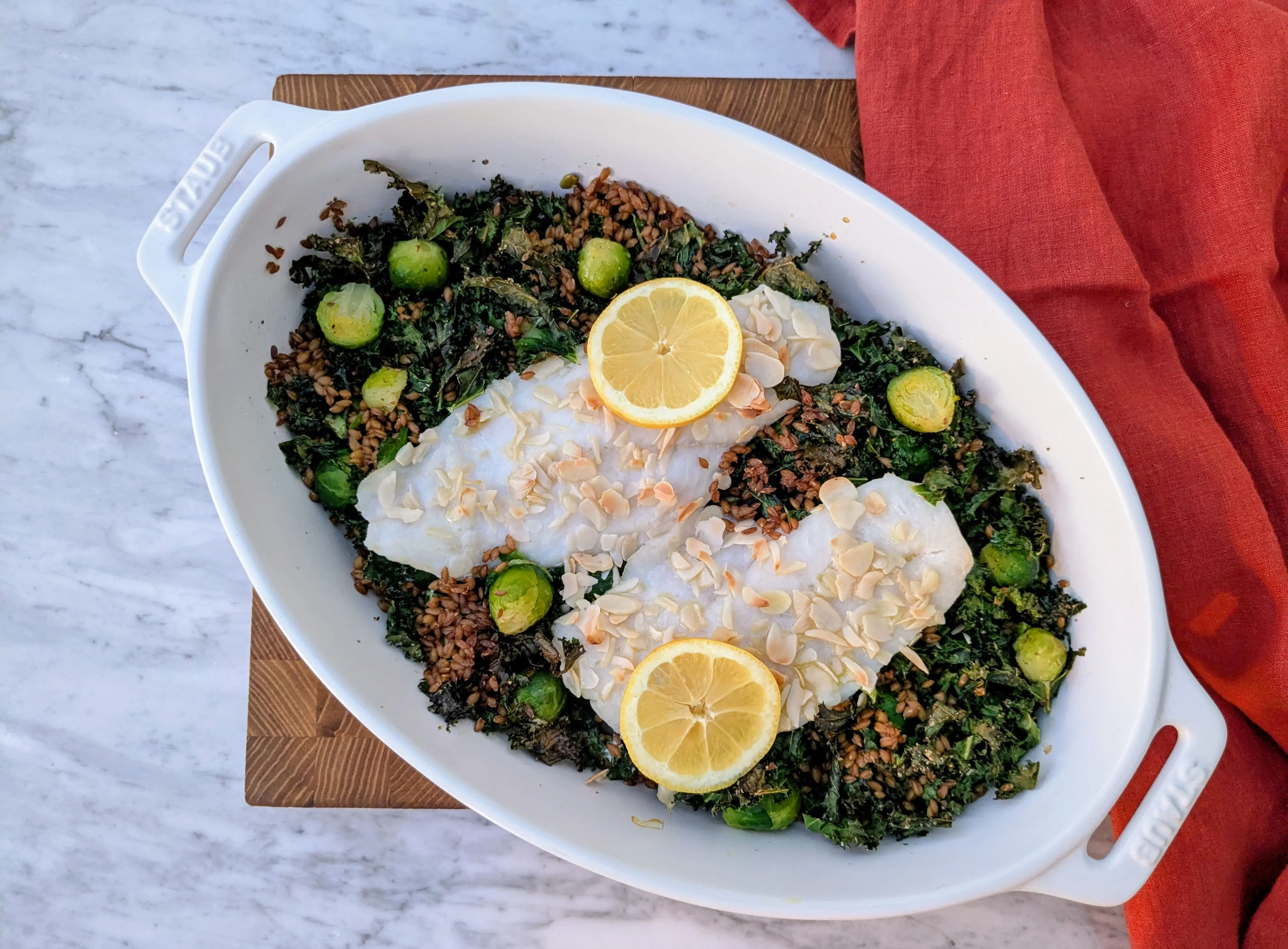 Whole spelt and supergreens hake traybake 