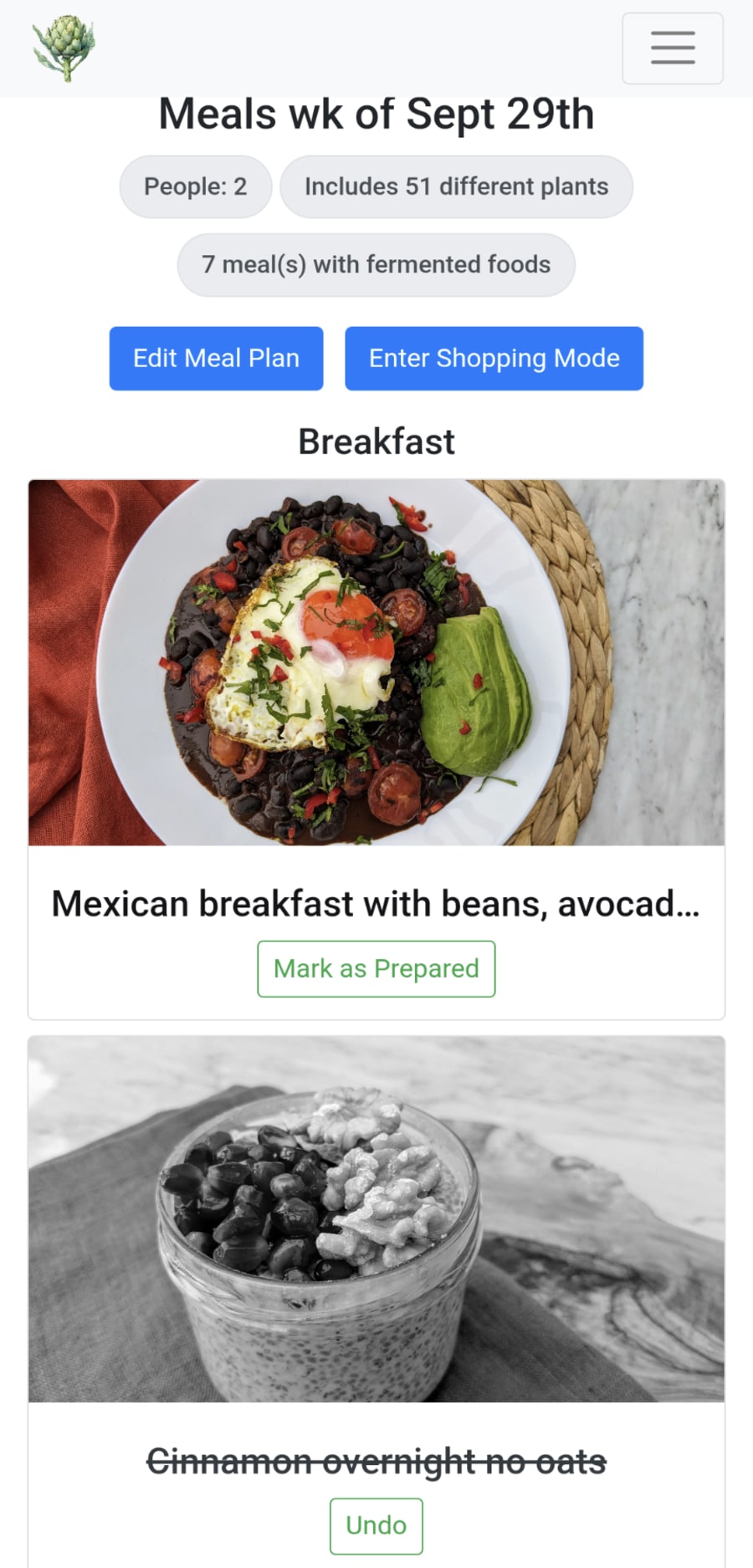 Artichoke mobile app — plan & shopping list on your phone