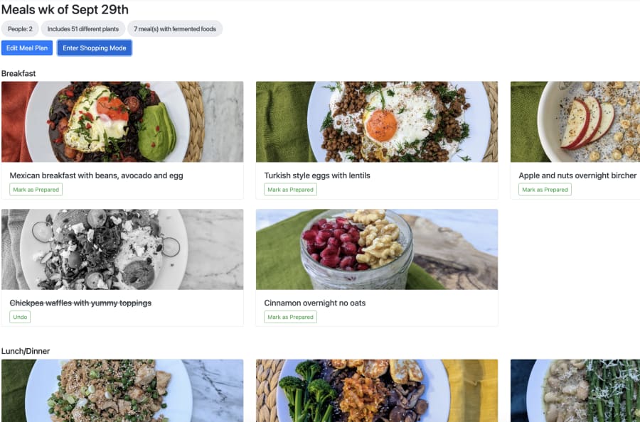 Artichoke weekly meal planner — desktop view