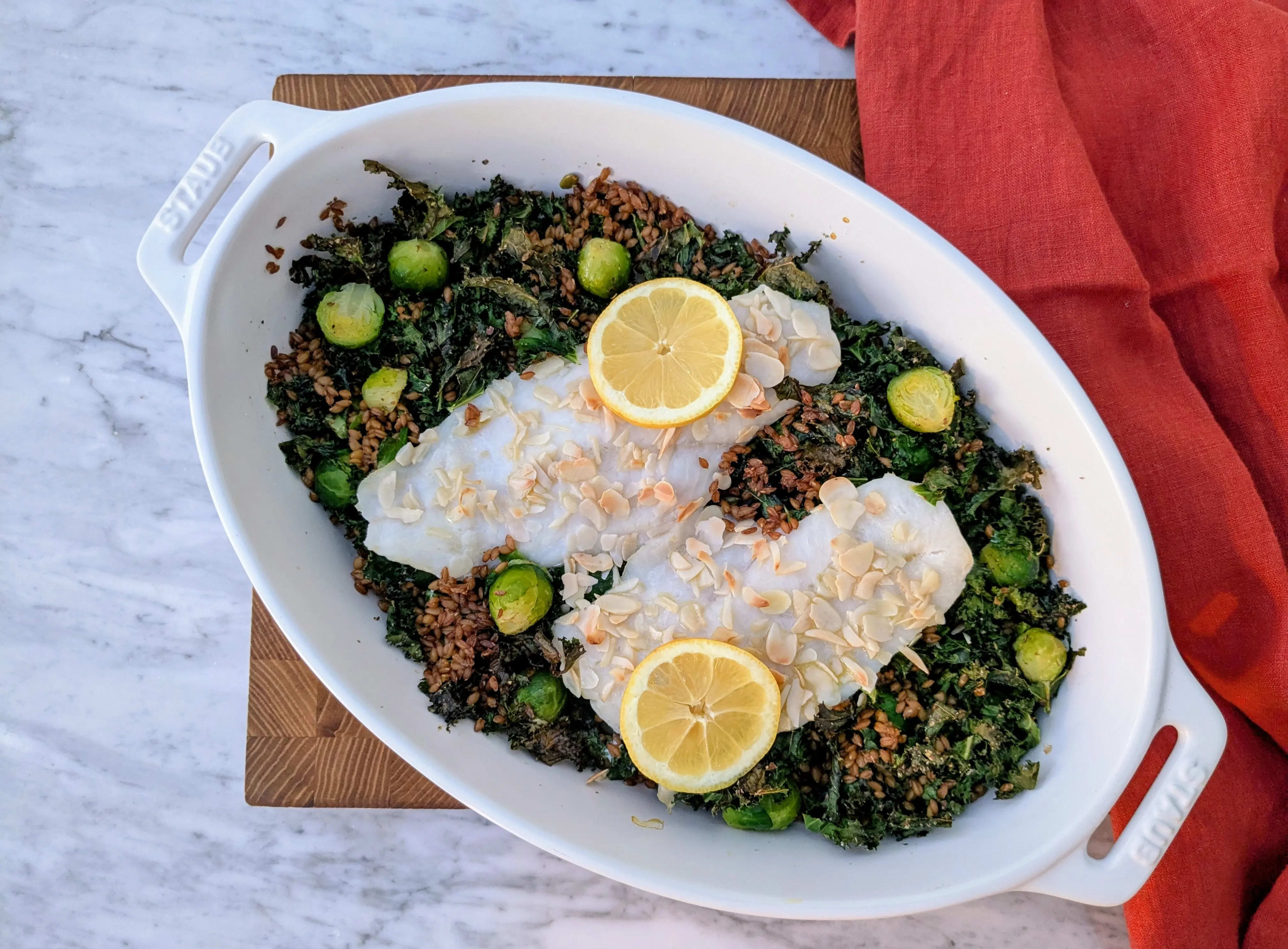 Photo of Whole spelt and supergreens hake traybake 