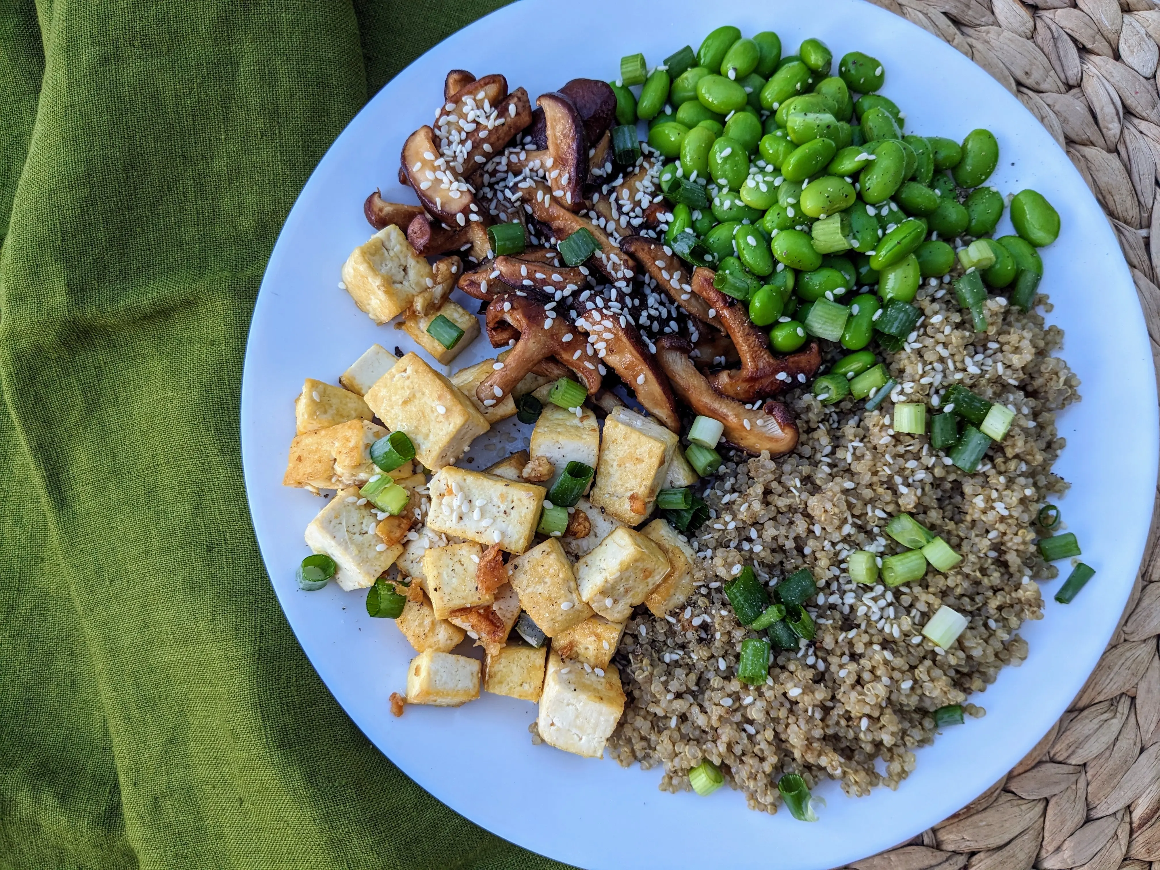 Vegan mushrooms and edamame quinoa bowl