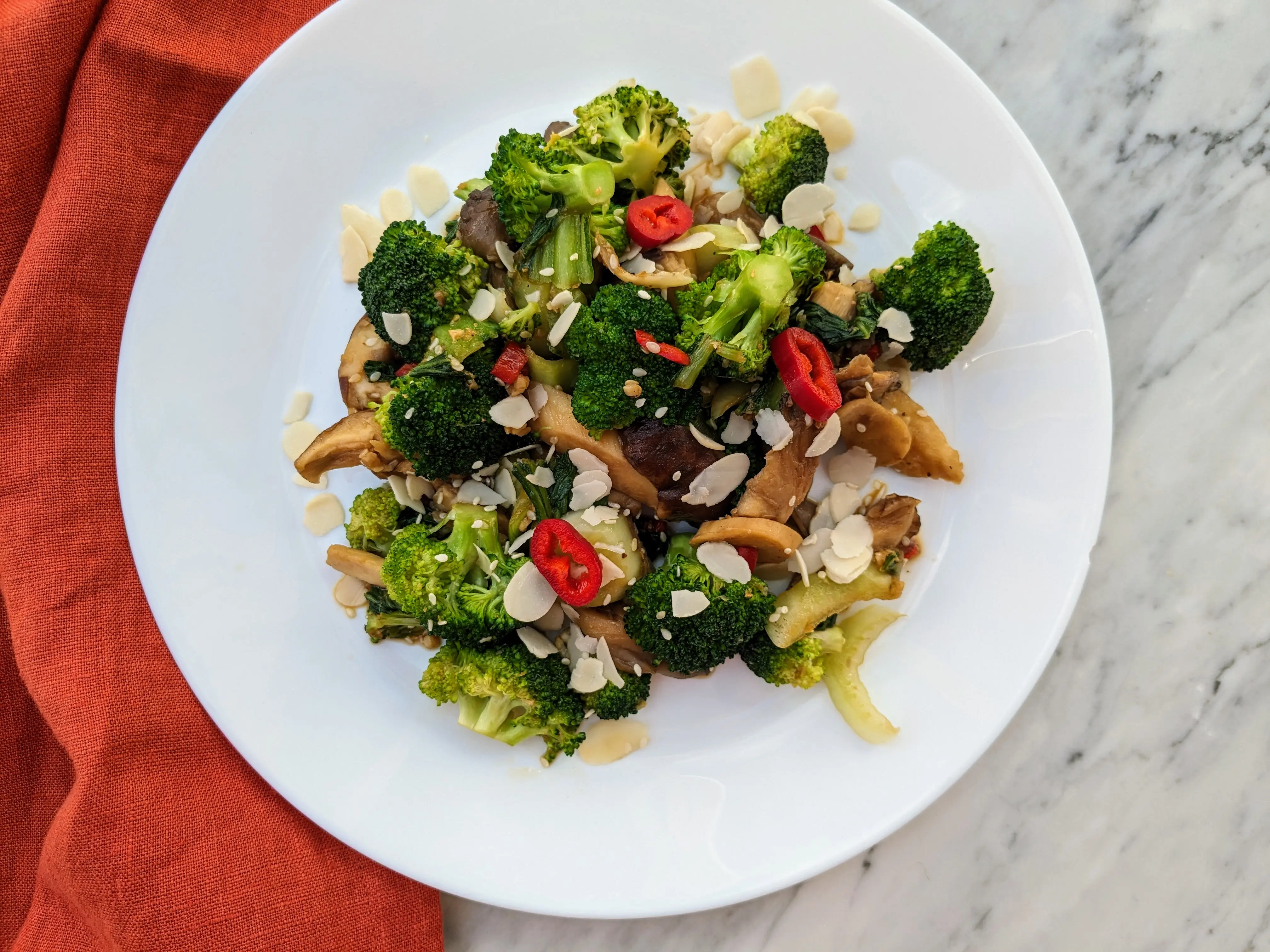 Vegan mushroom stir fry with broccoli and pak choi