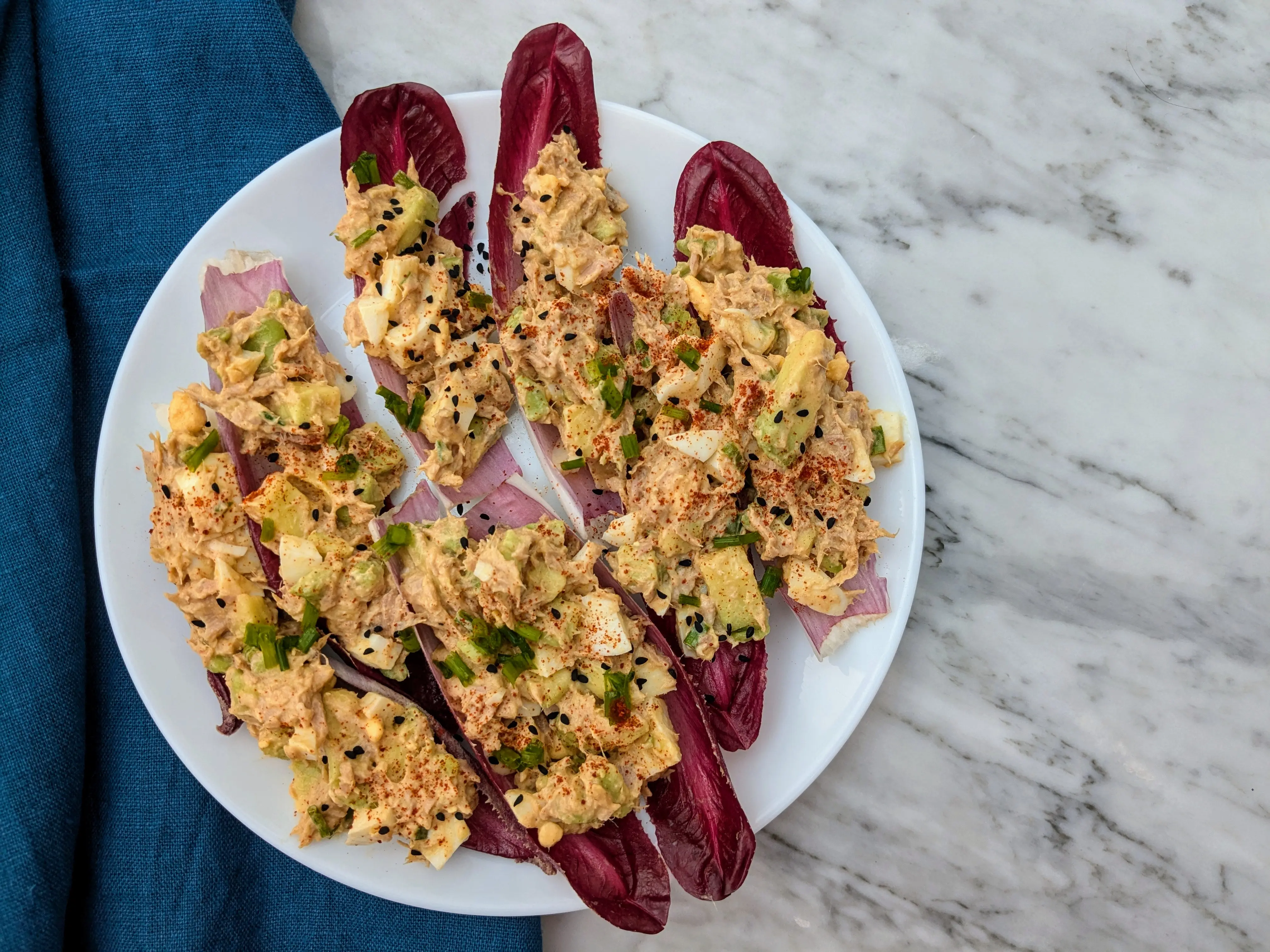 Tuna and egg chicory boats