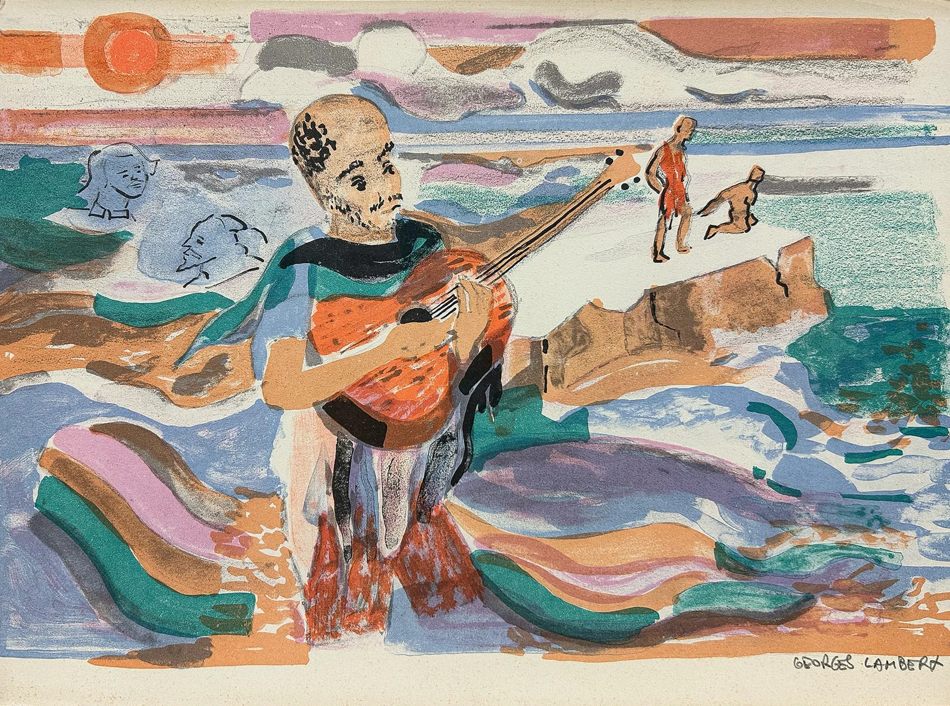 Guitar player by shore by Georges Lambert