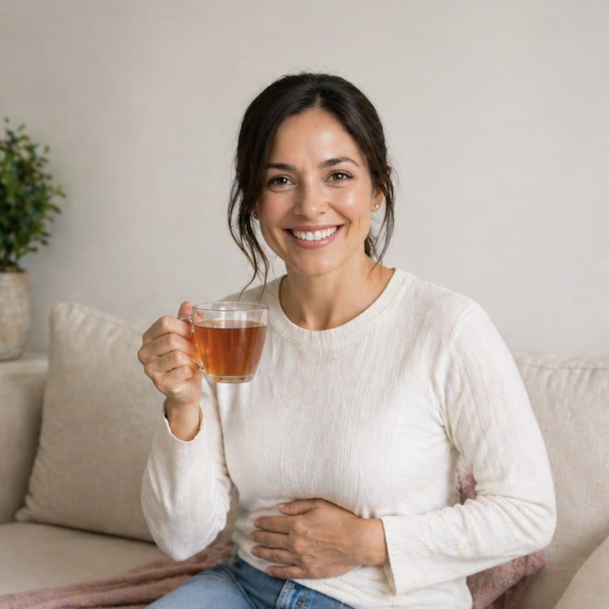 Comfortable, relaxed customer holding cleanse tea