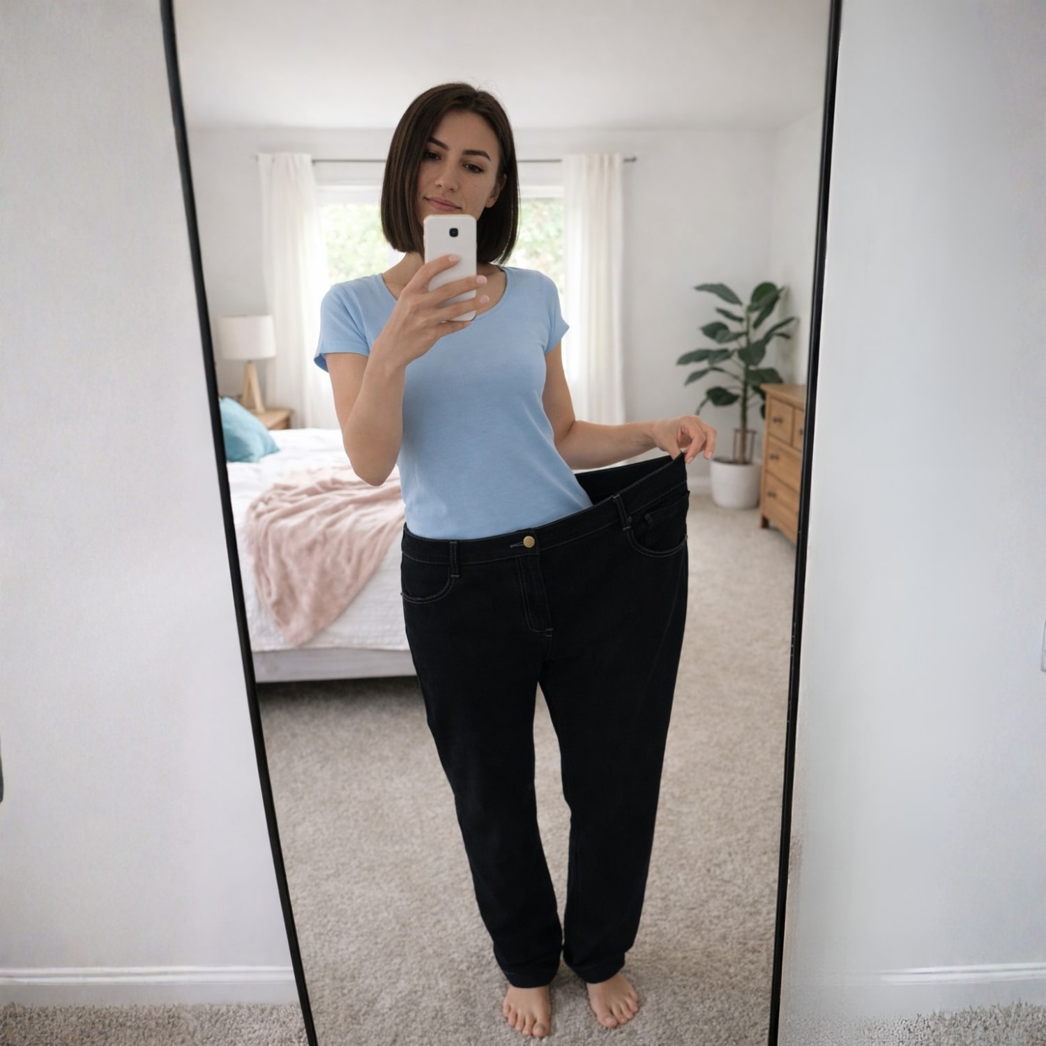 Customer in oversized jeans showing weight loss result