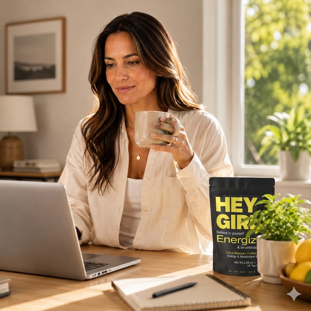 A woman working calmly and focused at her desk with a warm cup of Energize tea and the pouch nearby