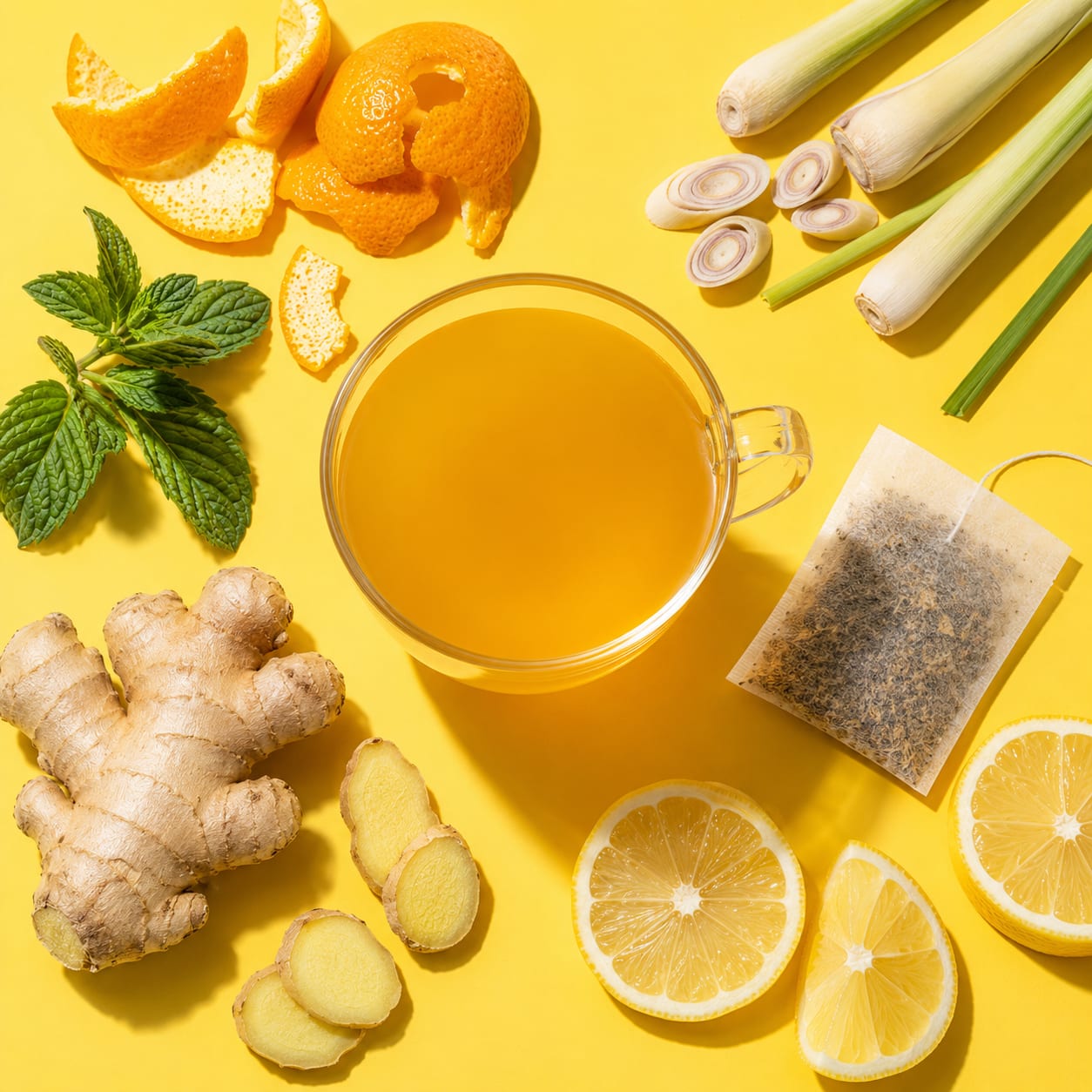 Citrus Blossom flat-lay: a brewed cup of Energize tea with orange peel, lemongrass, mint, ginger and lemon