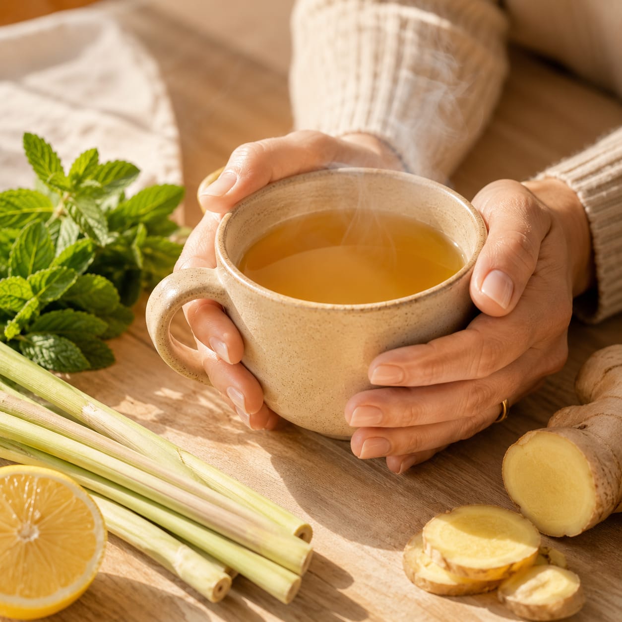 Hands cradling a warm mug of golden Energize tea with ginger, lemongrass, mint and lemon, gentle on the stomach