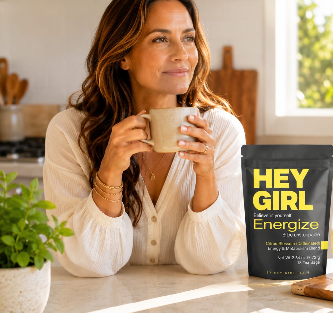 A woman enjoying a warm cup of Hey Girl Energize Tea in a sunlit kitchen with the pouch beside her