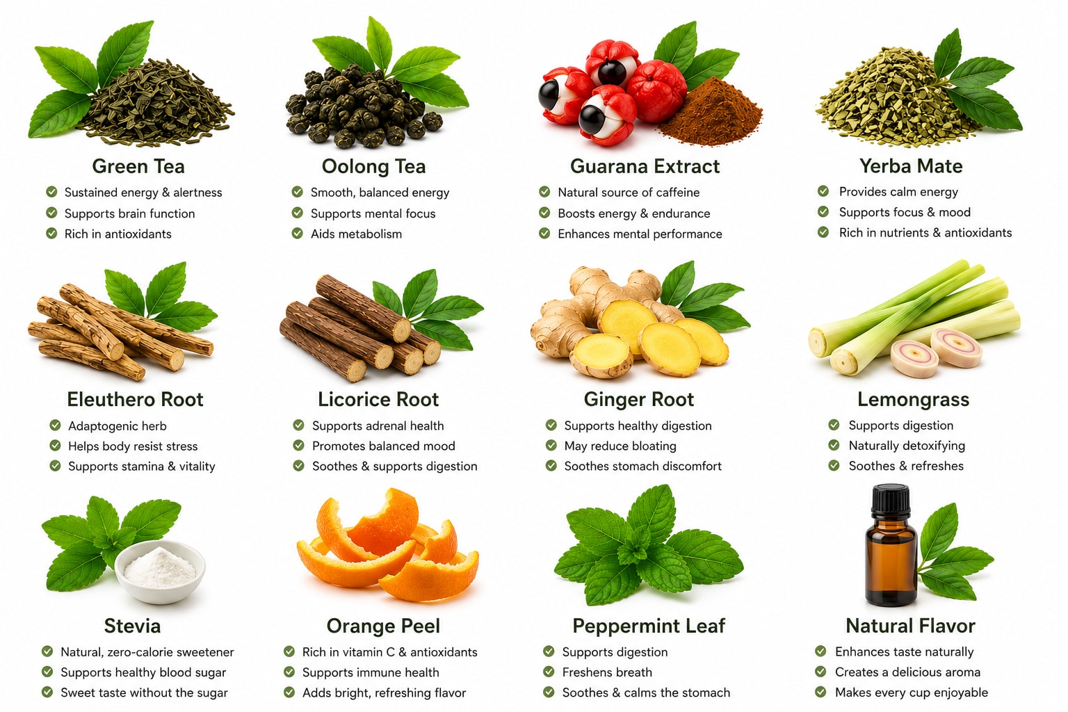Hey Girl Energize ingredient list with benefits: green tea, oolong tea, guarana extract, yerba mate, eleuthero root, licorice root, ginger root, lemongrass, stevia, orange peel, peppermint leaf, natural flavor