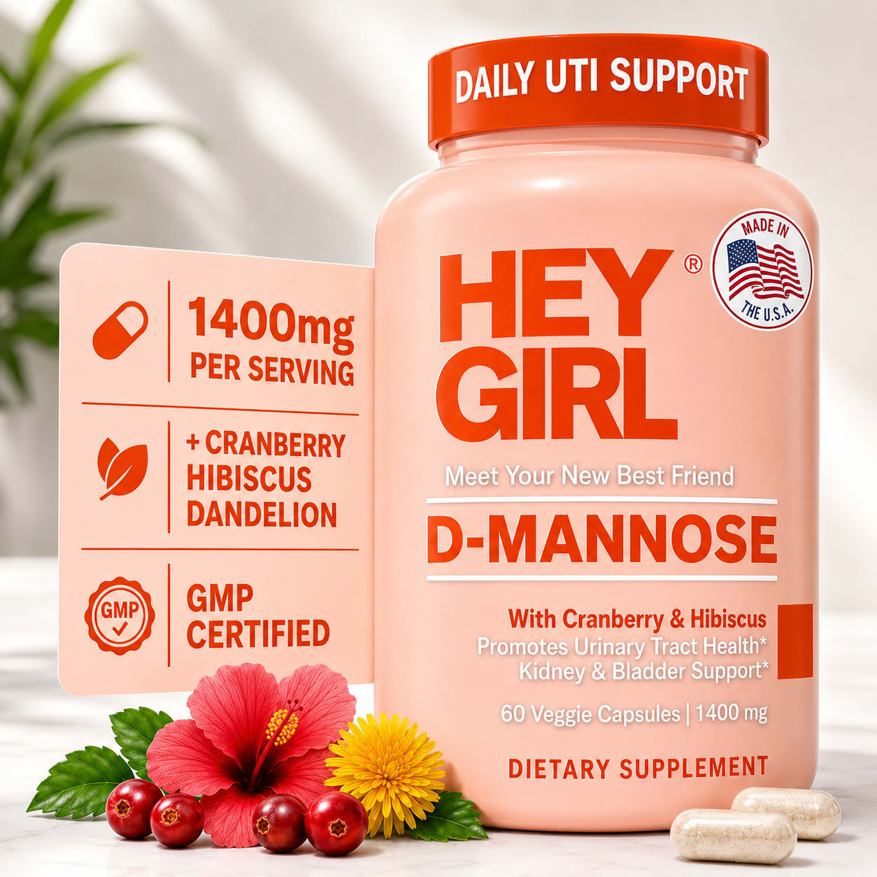 Hey Girl D-Mannose for women, 1400mg with cranberry, hibiscus and dandelion, 60 vegan capsules