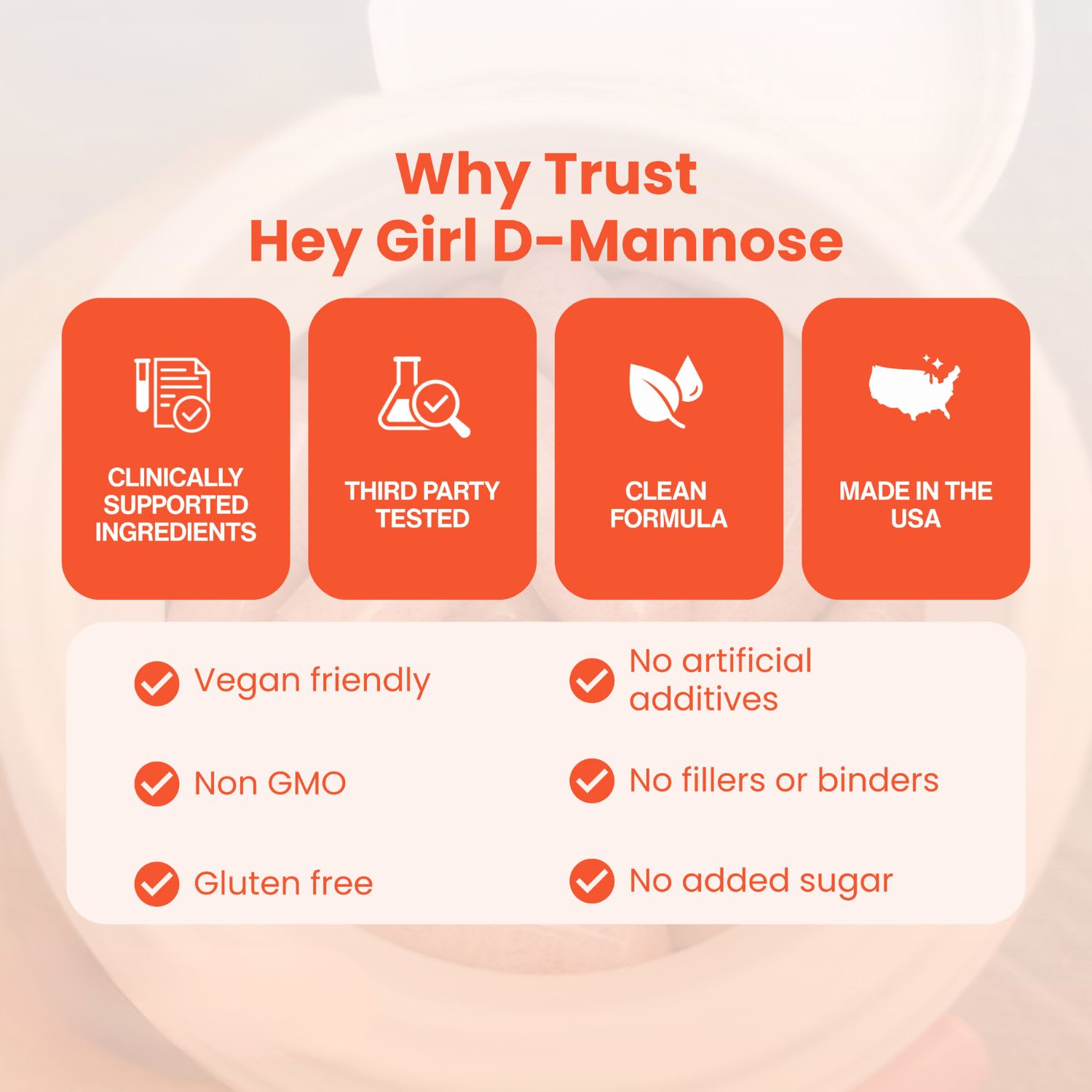Why trust Hey Girl D-Mannose: clinically supported ingredients, third-party tested, clean formula, made in the USA, vegan, non-GMO, gluten-free, no fillers or binders, no added sugar