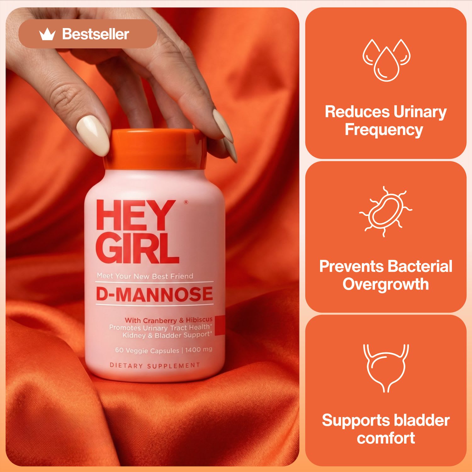 Hey Girl D-Mannose reduces urinary frequency, prevents bacterial overgrowth, supports bladder comfort