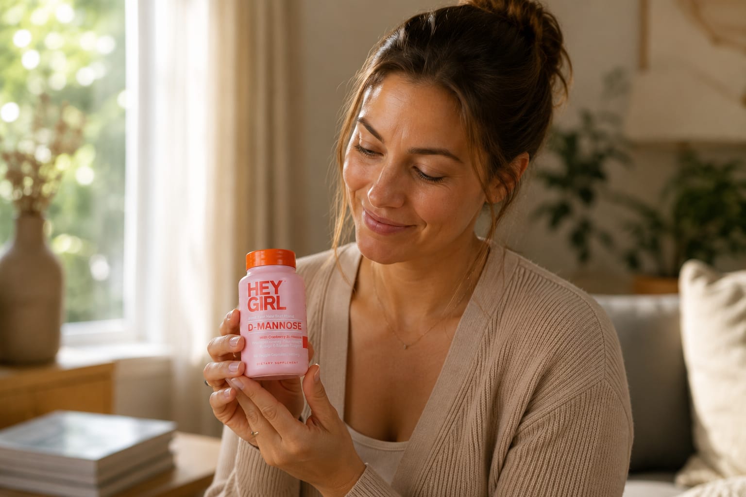 A woman calmly holding Hey Girl D-Mannose at home, free from constant bathroom urgency