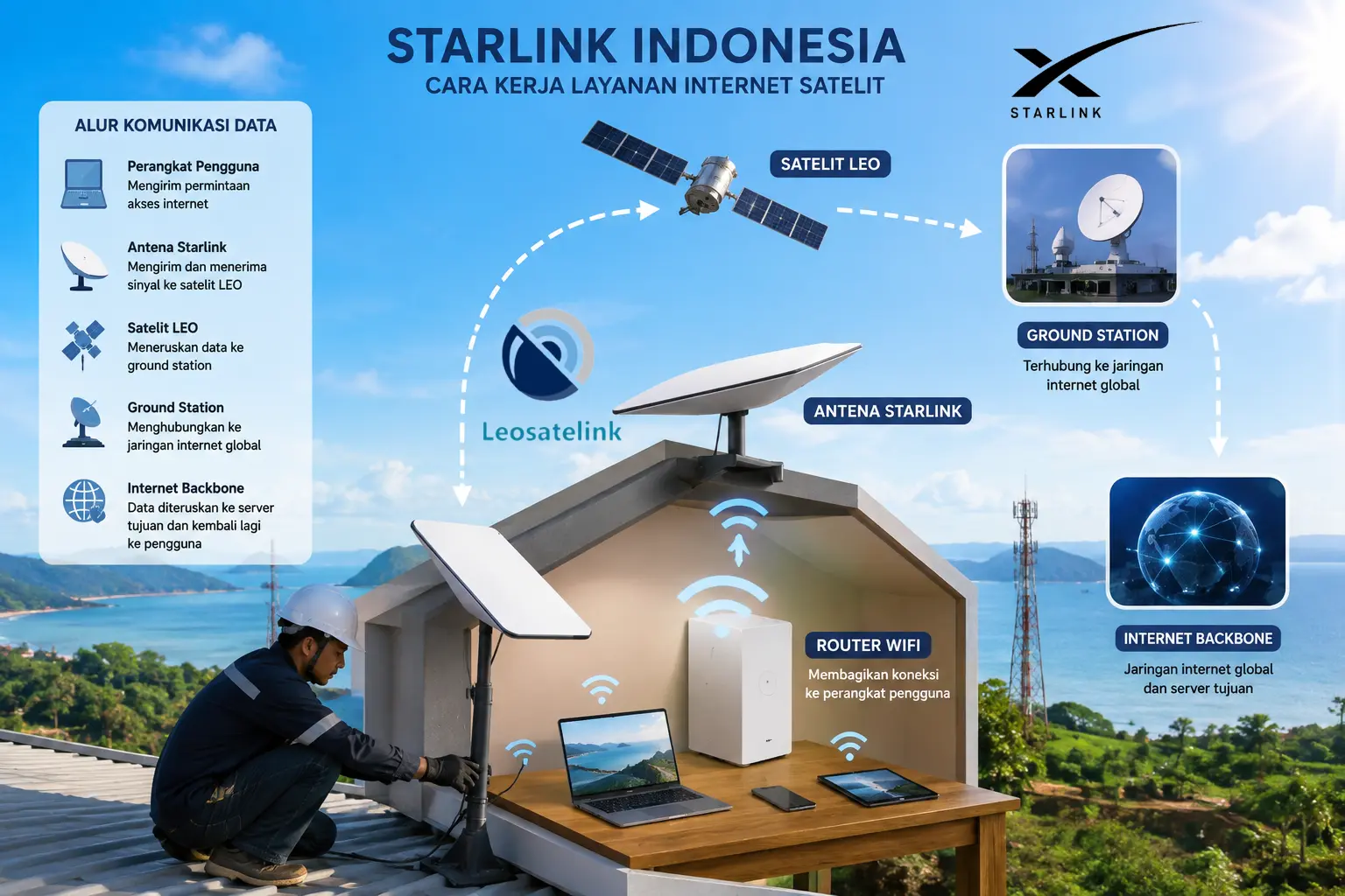 instalasi internet satelit Starlink Indonesia oleh teknisi Leosatelink