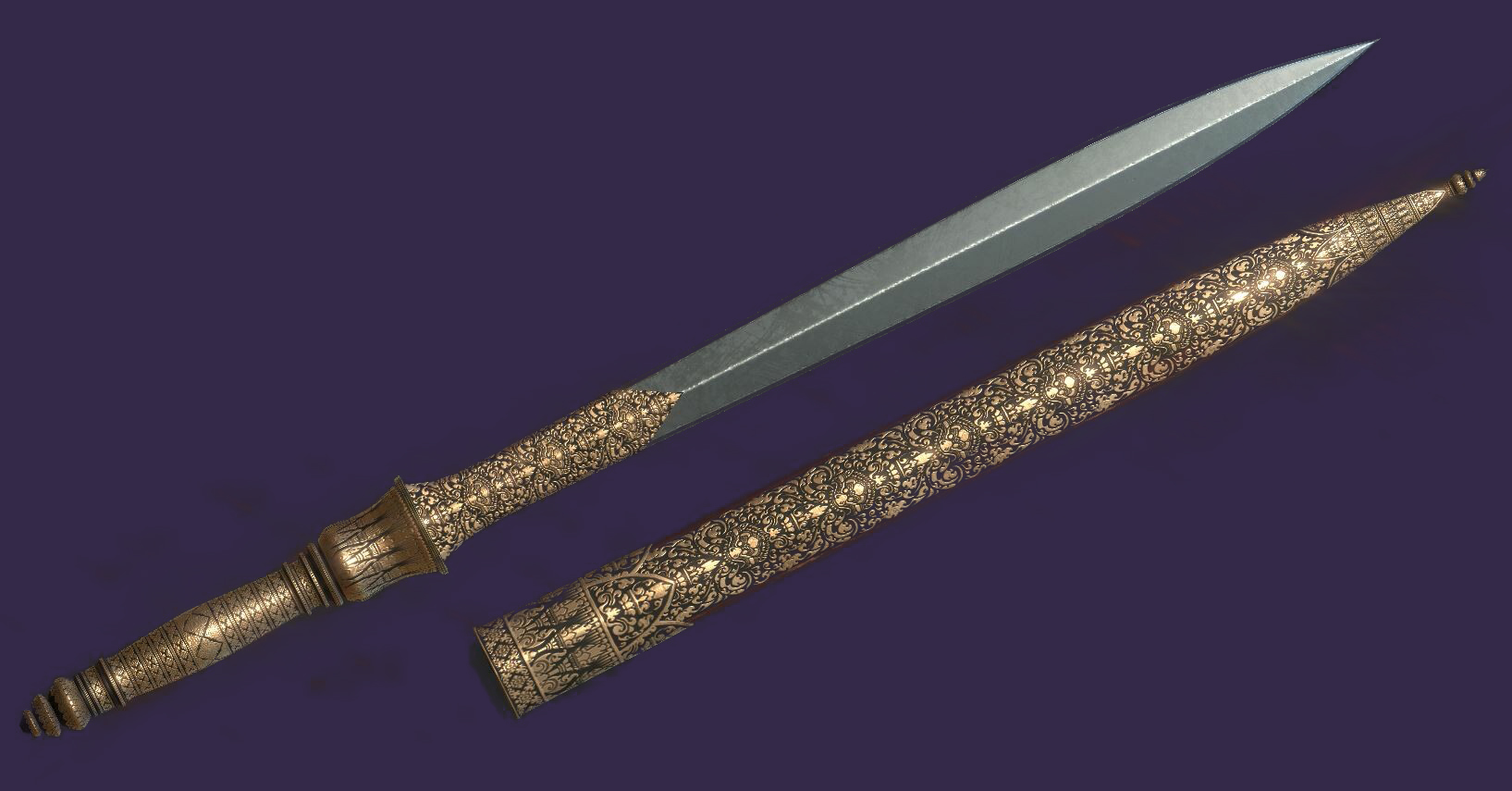 The Preah Khan Reach (Royal Sword) resting on a golden pedestal inside the Throne Hall during a Royal Coronation ceremony.