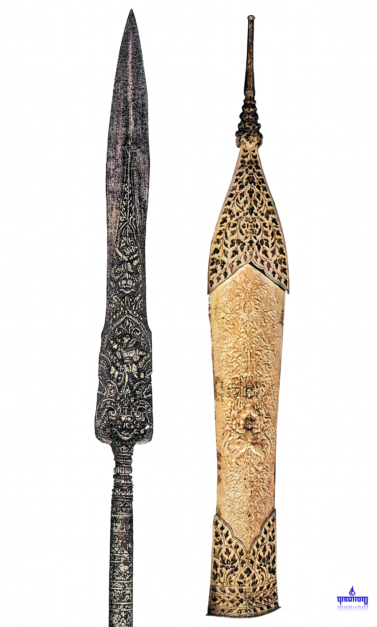 The gold scabbard of the Cambodian Royal Spear featuring Vishnu on Garuda.