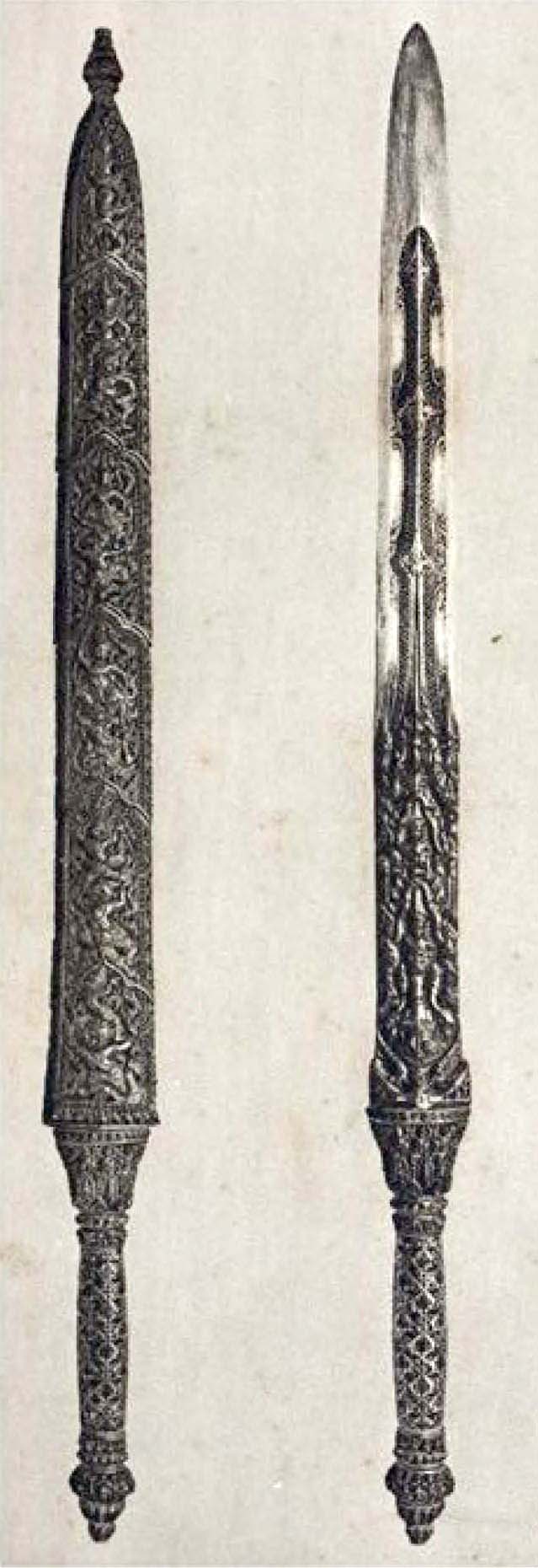 The Preah Khan Reach (Royal Sword) resting on a golden pedestal inside the Throne Hall during a Royal Coronation ceremony.