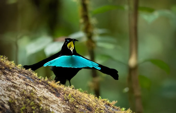 A top-down view of a Superb Bird-of-Paradise in its "black disc" dance formation.